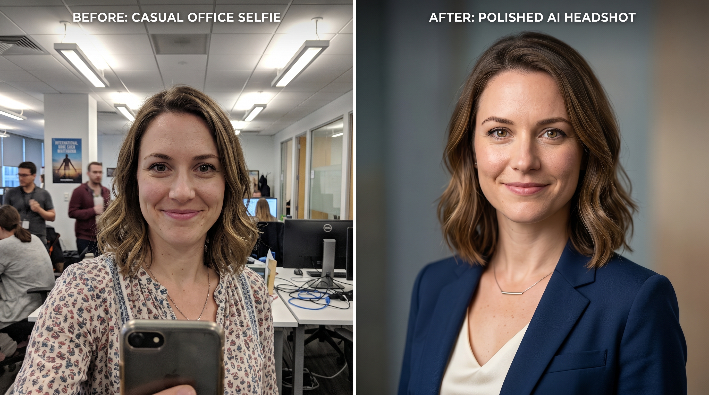 Before-and-after comparison showing a casual office selfie transformed into a polished AI-generated professional headshot while maintaining natural facial features and likeness