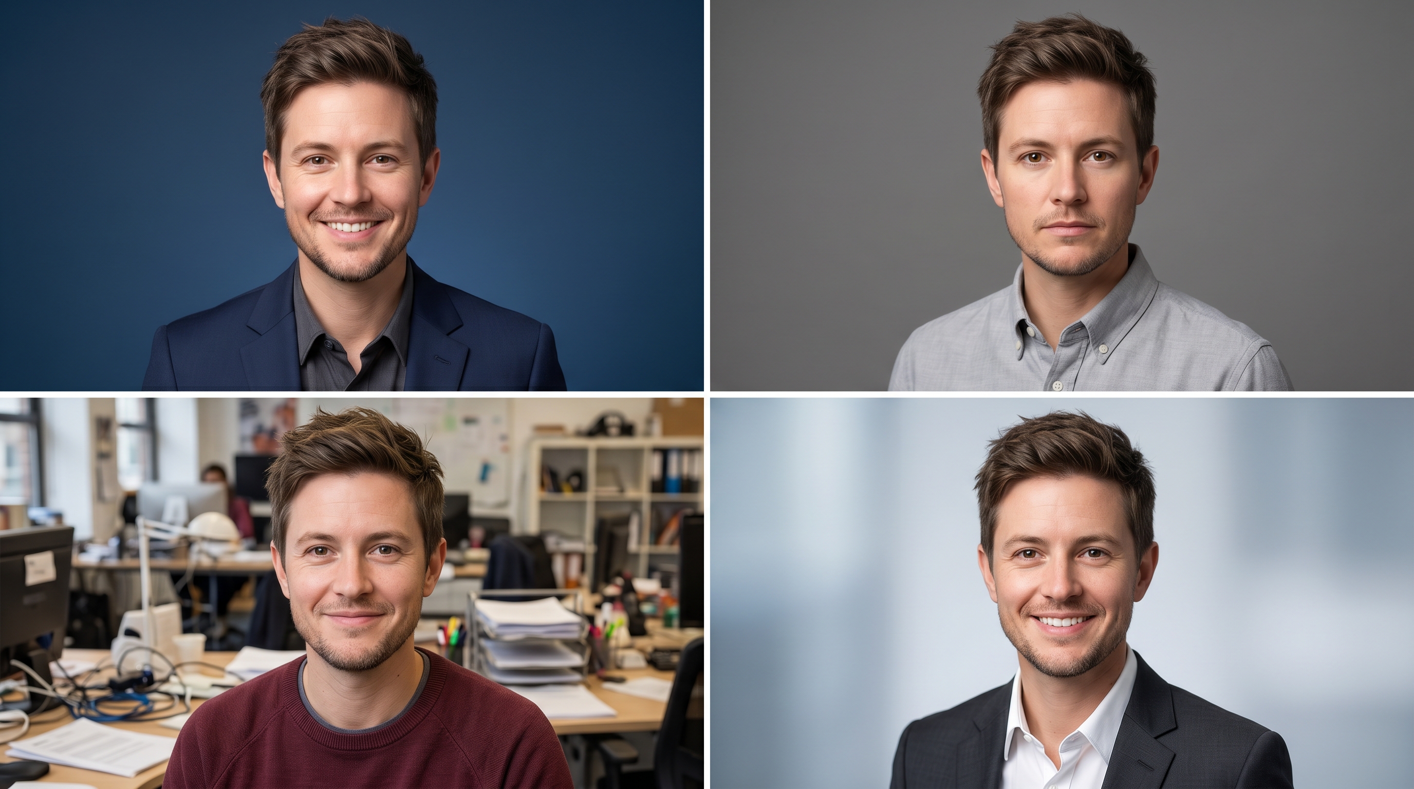 Comparison grid showing how different expressions, backgrounds, and color treatments change the perceived professionalism of the same face in professional headshots