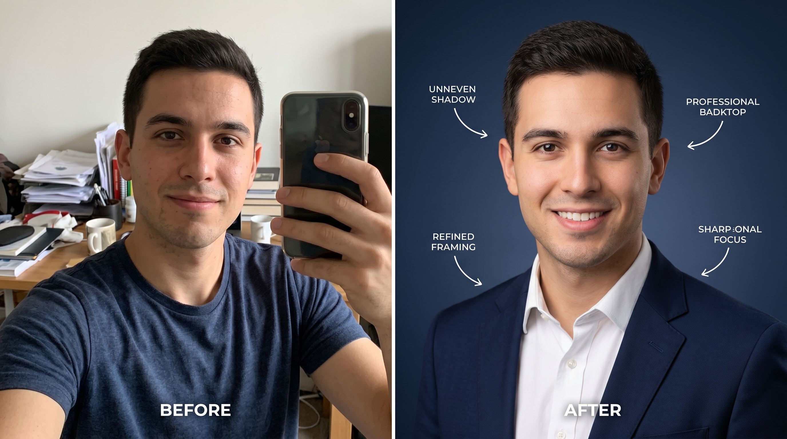Before and after comparison showing a casual selfie transformed into a polished AI-generated professional headshot, with callout annotations highlighting improvements in lighting, background, framing, and resolution