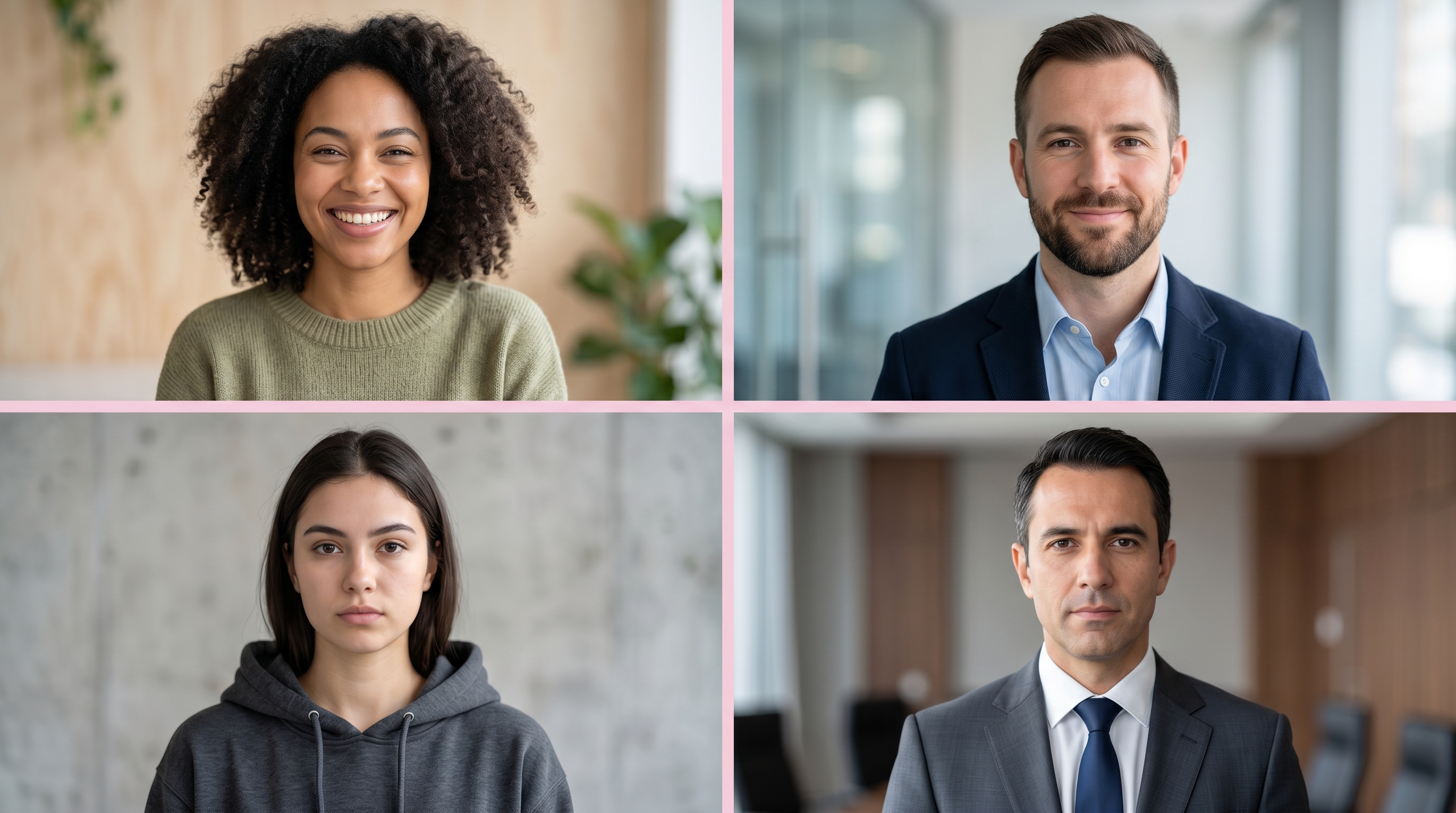 A 2x2 grid showing four profile photo styles positioned along warmth and competence axes, demonstrating how smile intensity and clothing formality shift perceived traits