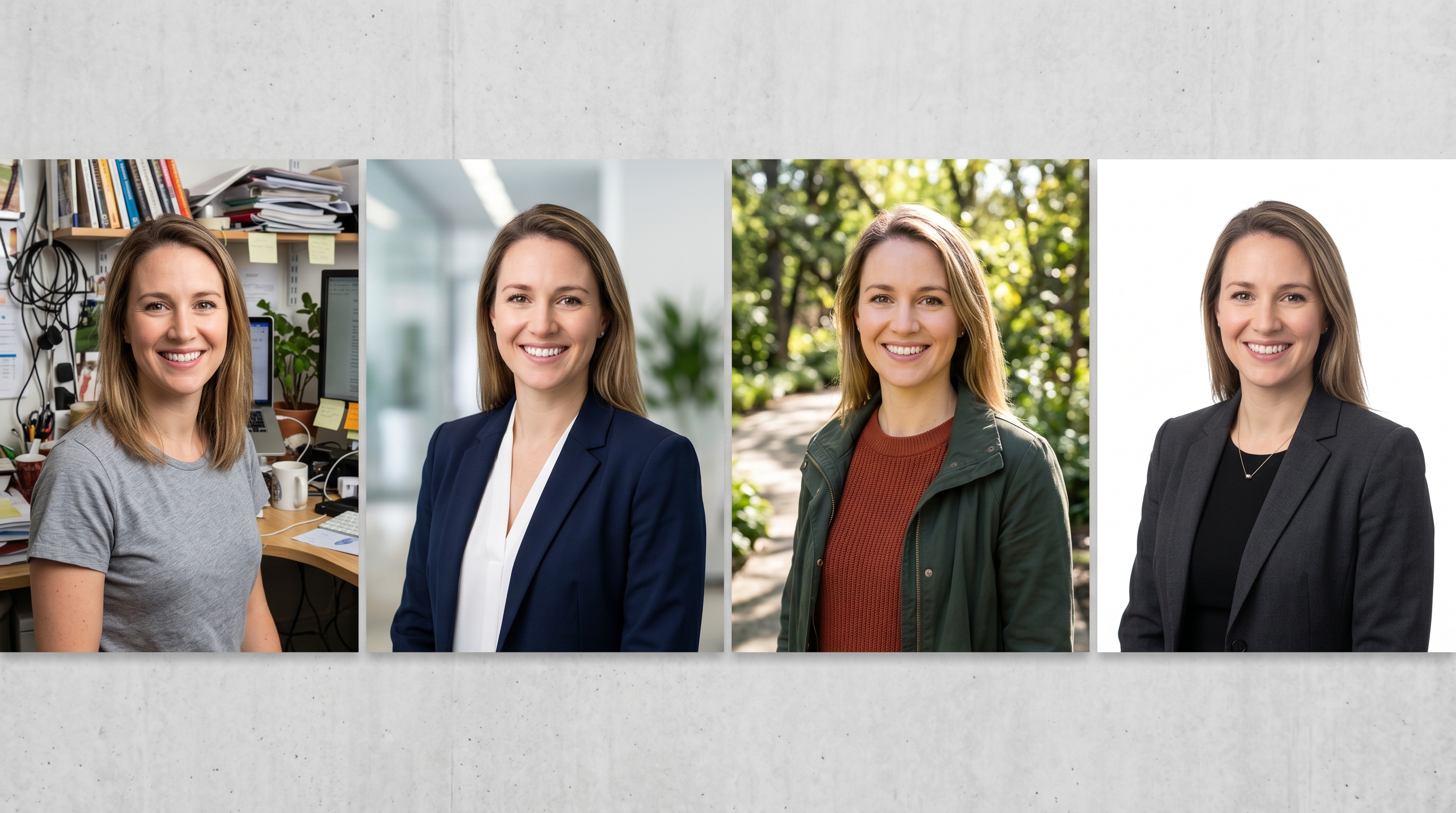 Side-by-side comparison of the same person photographed with different backgrounds and clothing, showing how each element changes the perceived warmth and competence of the profile photo