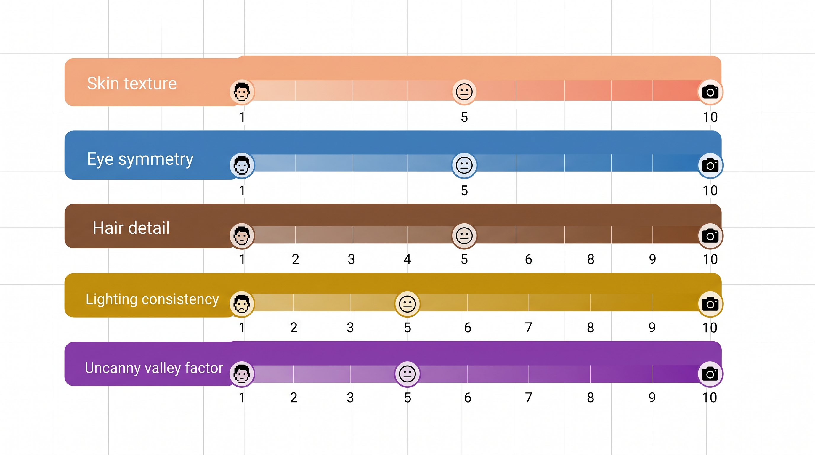 Visual scoring rubric showing five evaluation categories for AI face realism: skin texture, eye symmetry, hair detail, lighting consistency, and uncanny valley factor, each on a 1-to-10 scale
