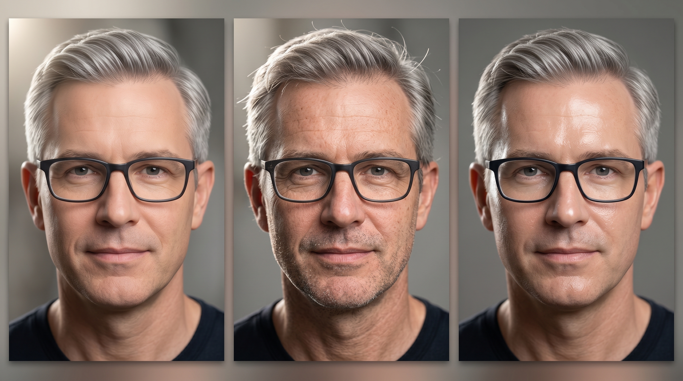 Side-by-side comparison of three AI-generated headshots showing differences in hair detail, skin texture, and lighting consistency across different AI models