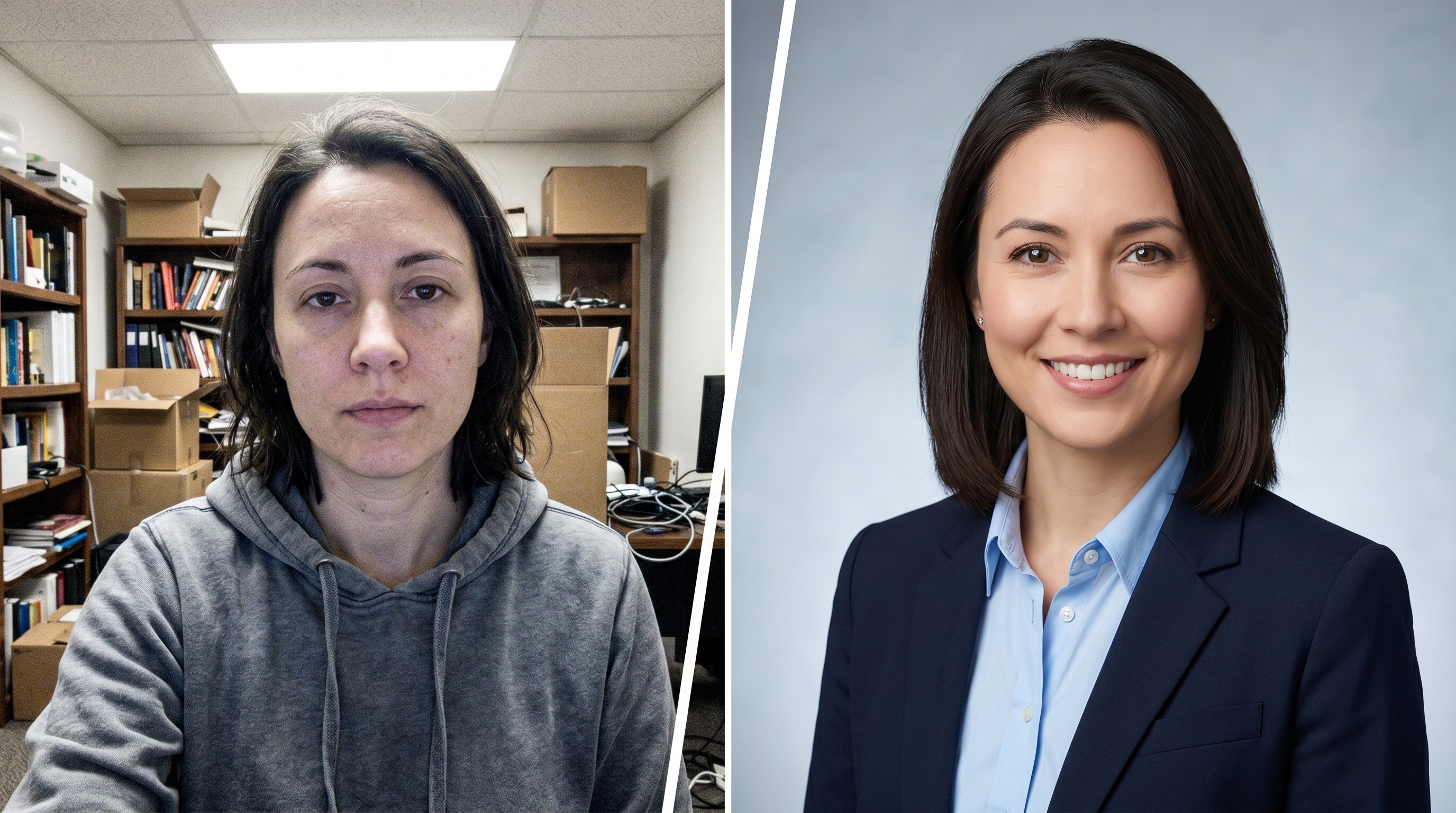 Side-by-side comparison of an unprofessional webcam selfie versus a polished, studio-quality professional headshot showing the dramatic difference in perceived credibility