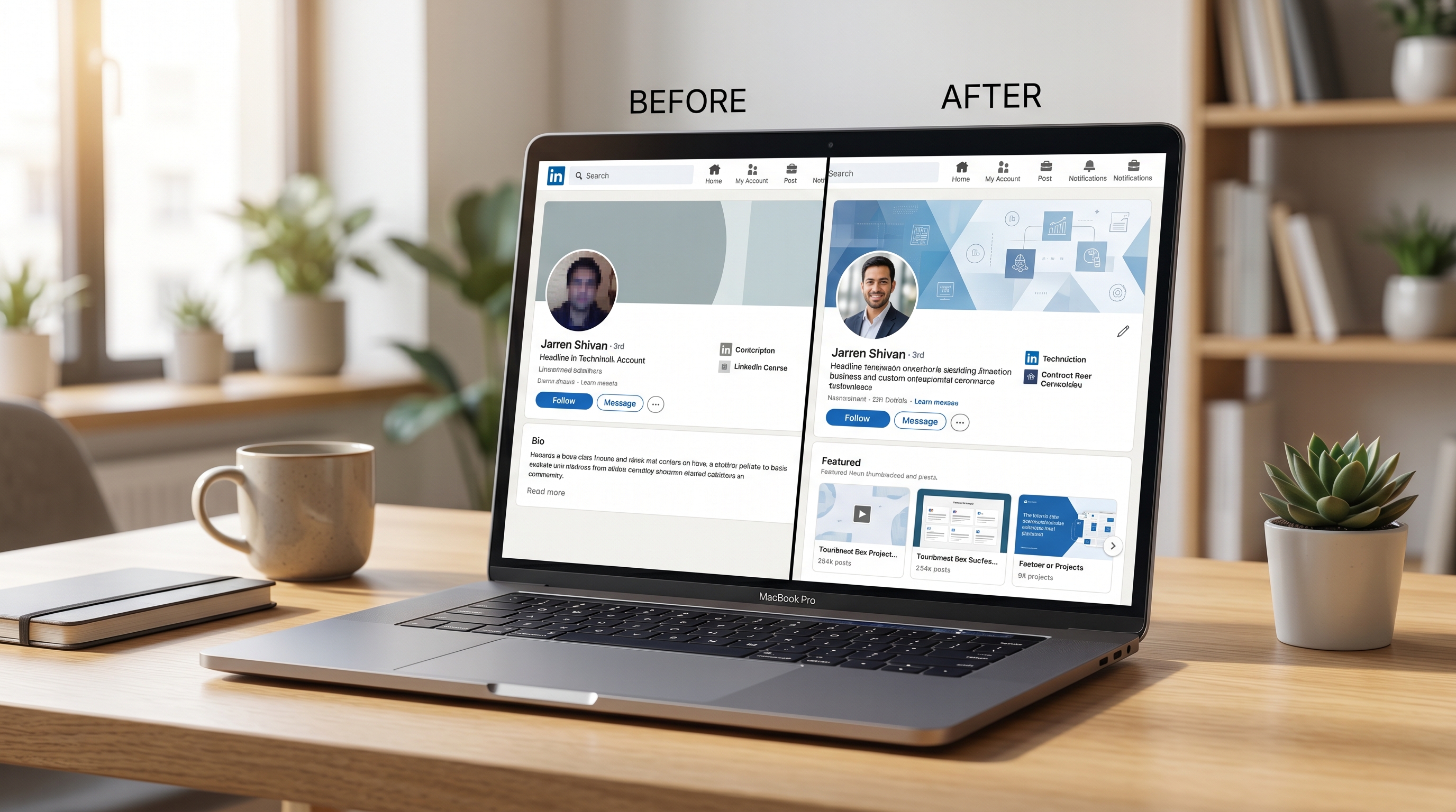 Before-and-after comparison of a LinkedIn profile transformation showing the impact of a professional headshot, branded banner, and consistent color scheme