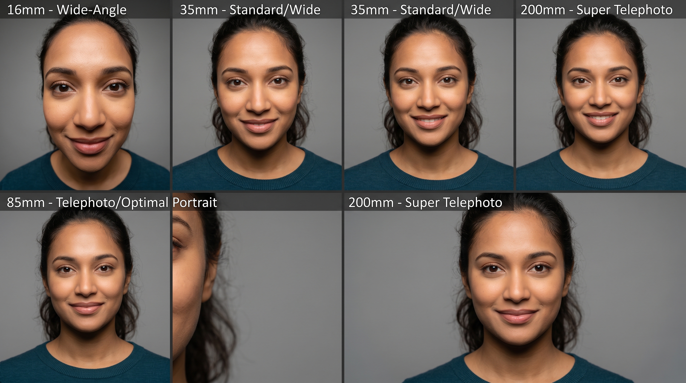 Four-panel comparison showing how different focal lengths affect facial proportions, from wide-angle distortion to telephoto compression