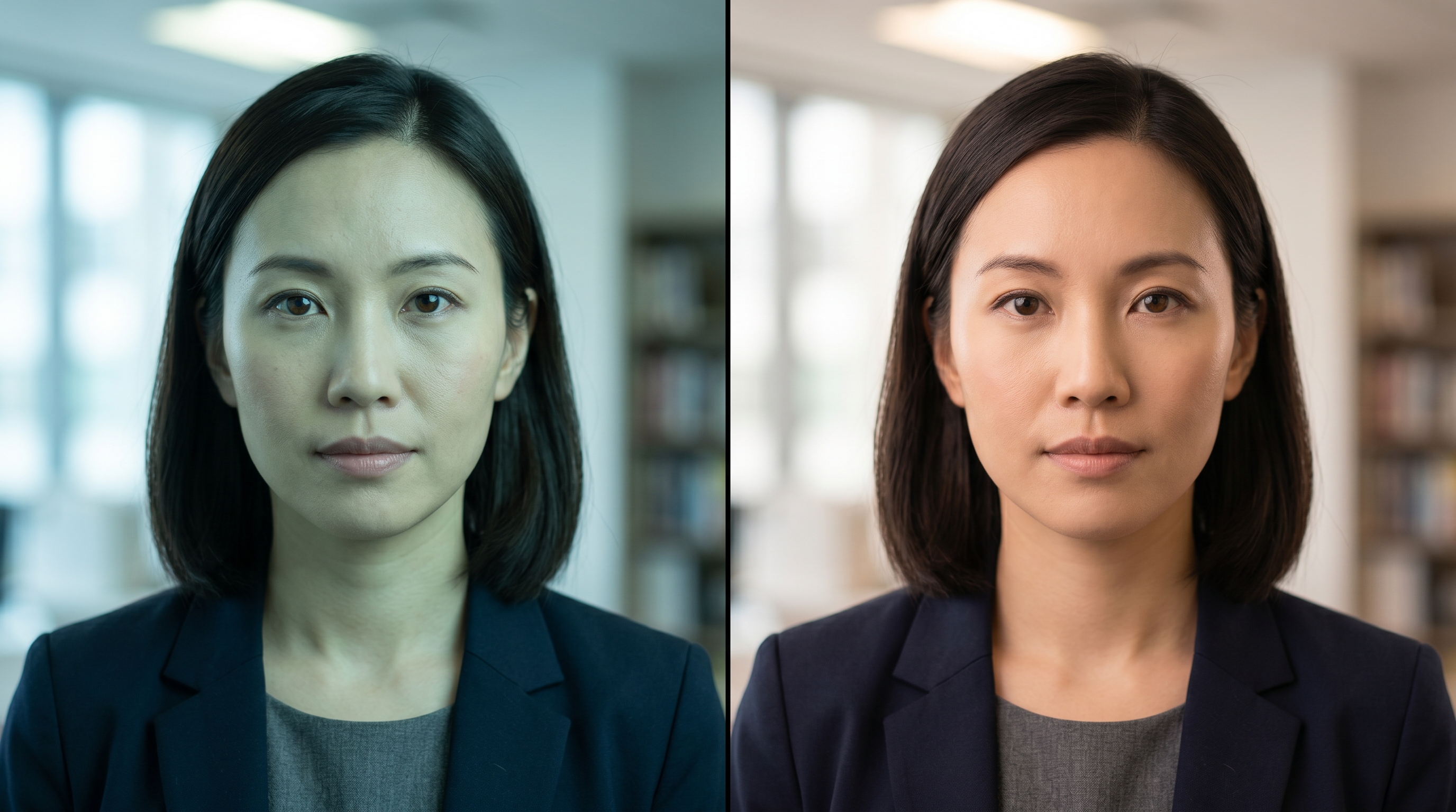 Before and after comparison showing a portrait with incorrect auto white balance creating a green cast versus custom Kelvin white balance producing warm natural skin tones