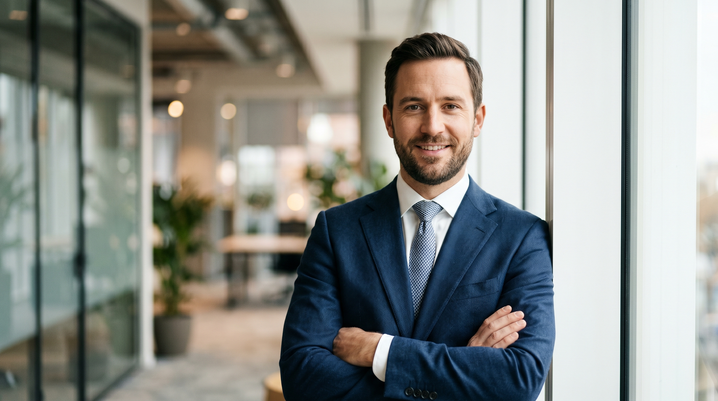 Professional corporate headshot taken with window light demonstrating optimal portrait camera settings including proper aperture for full-face sharpness and natural white balance
