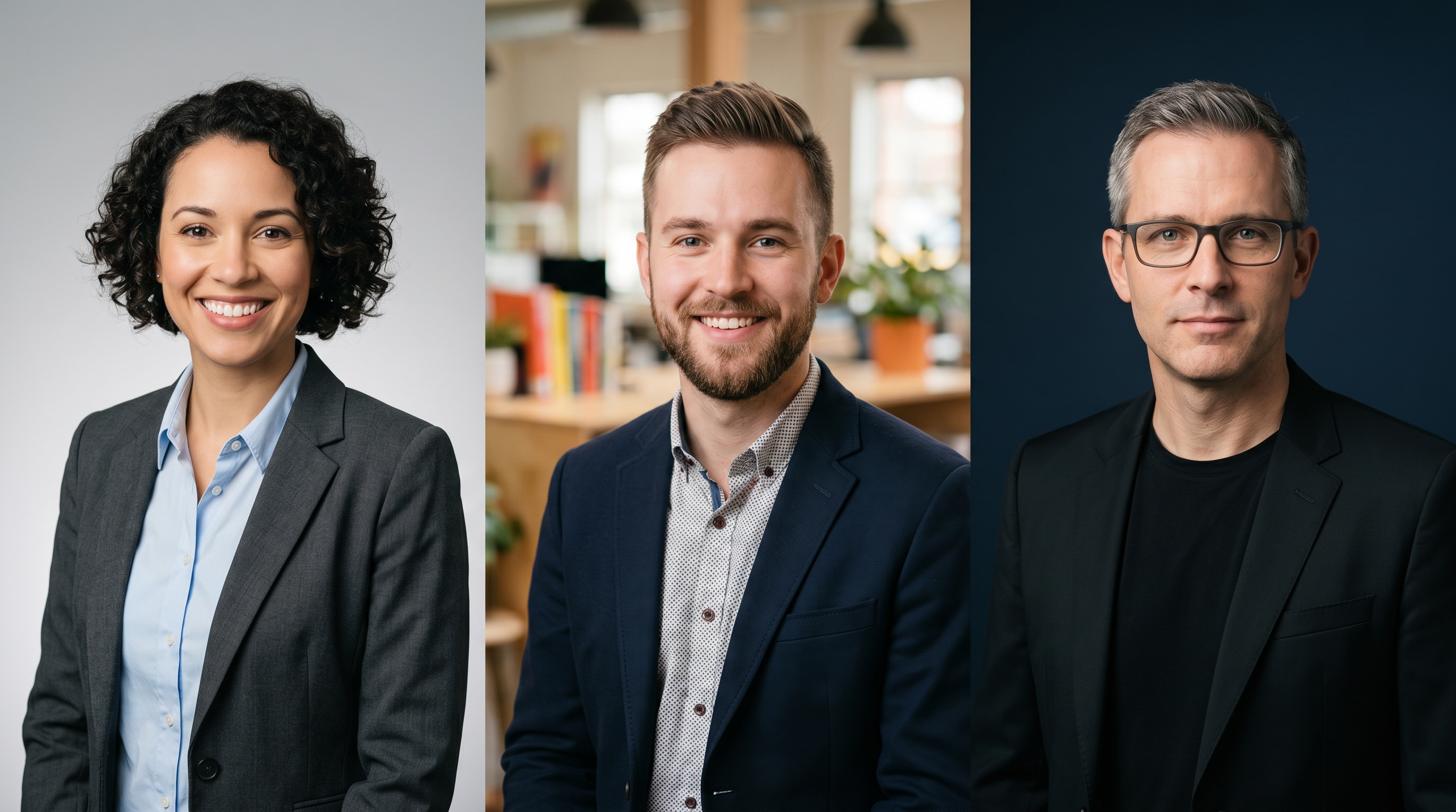 Three professional headshot styles compared side by side: corporate finance with clean gray background, creative agency with colorful bokeh background, and B2B tech with dark minimalist background