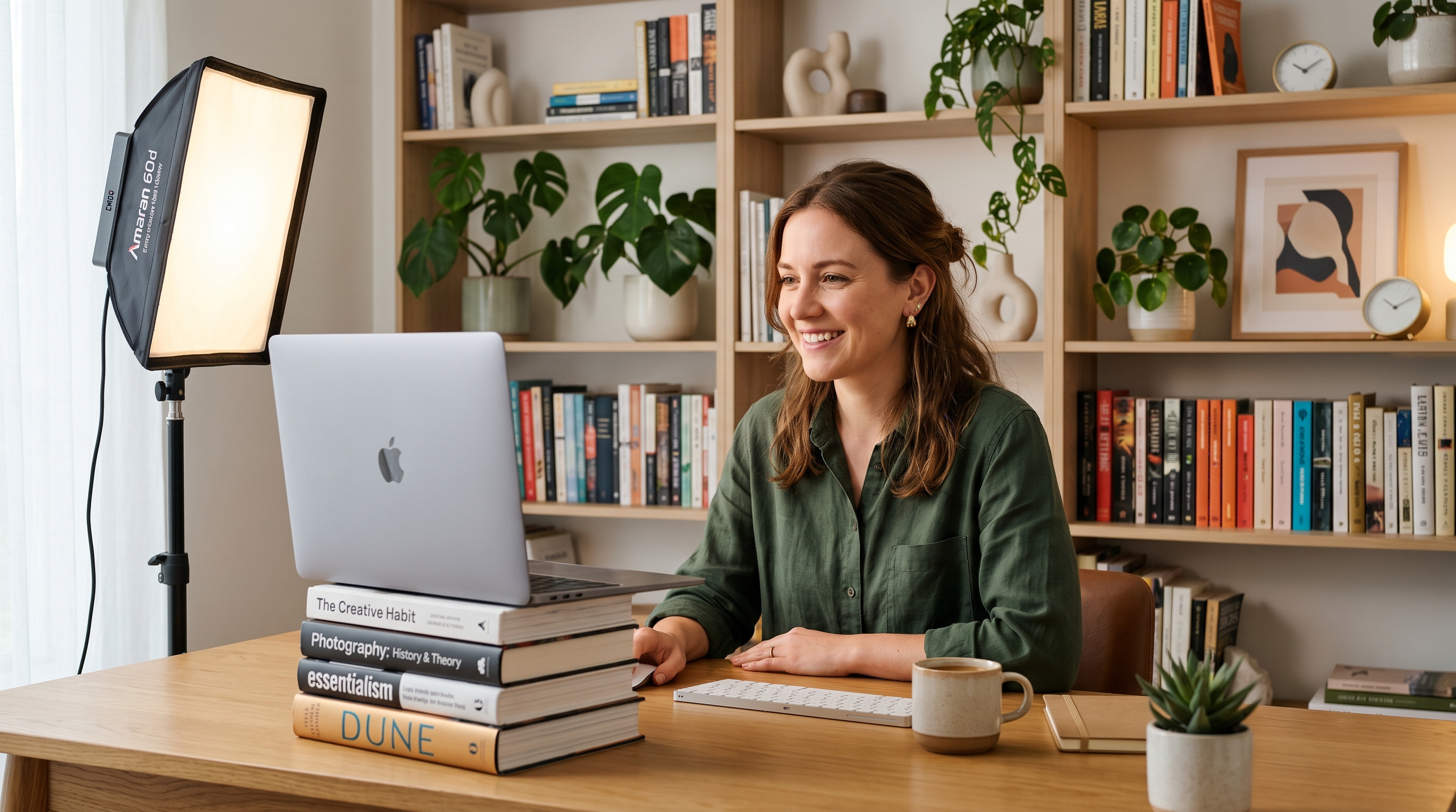 A well-organized home office video call setup showing proper lighting placement, camera at eye level on stacked books, and a clean bookshelf background