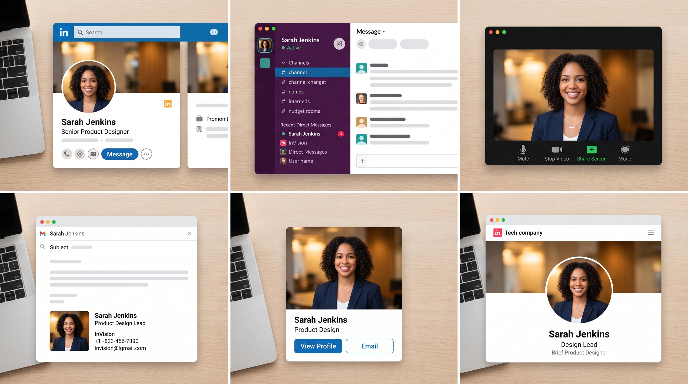 A grid showing one person's consistent professional headshot displayed across six different digital platforms including LinkedIn, Slack, Zoom, email signature, team directory, and company about page