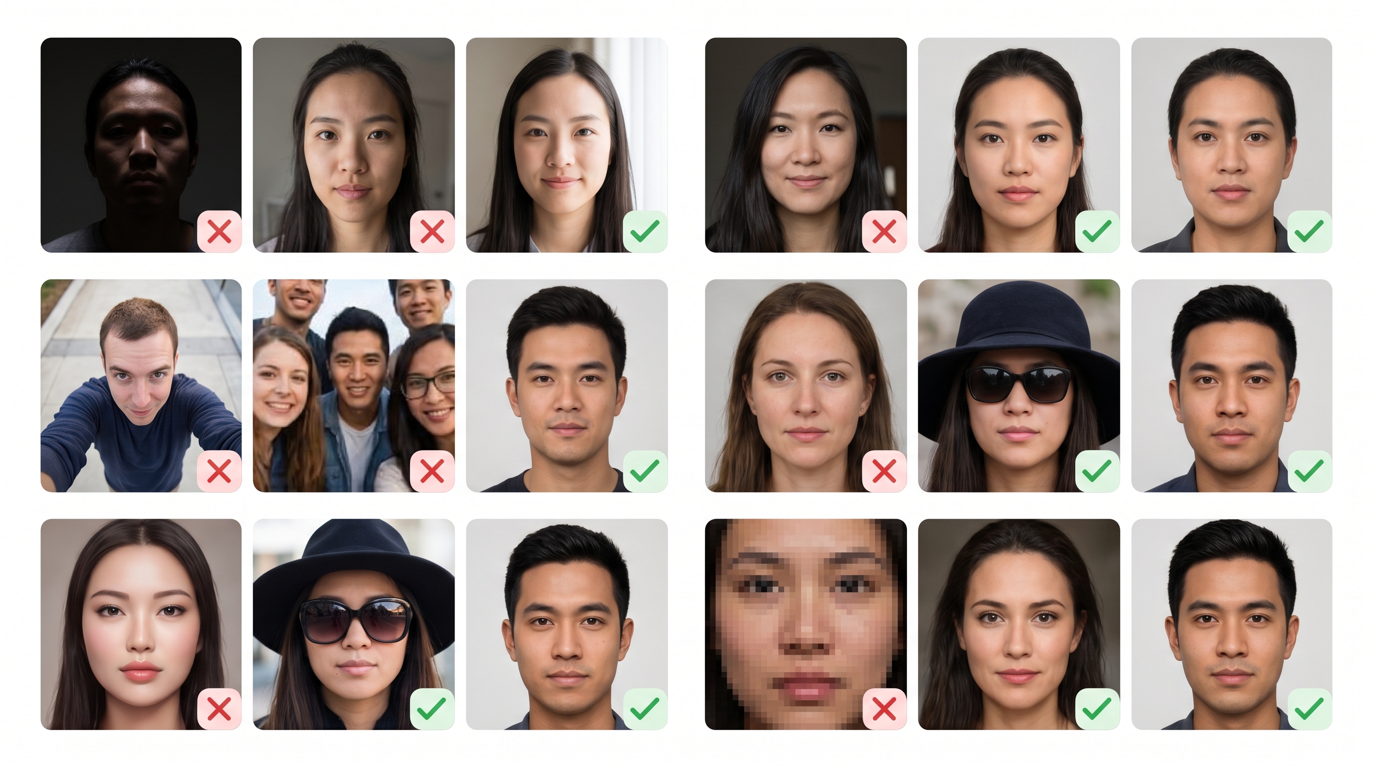 Side-by-side comparison grid showing six common photo upload mistakes versus correct examples for AI headshot generation, including lighting, angles, cropping, filters, obstructions, and resolution