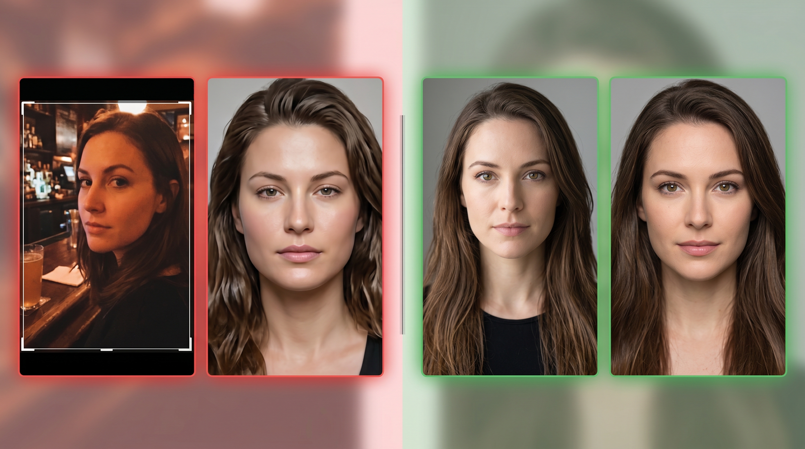 Before and after comparison showing how a poor quality upload produces an uncanny AI headshot while a high-quality upload produces a natural and professional-looking result