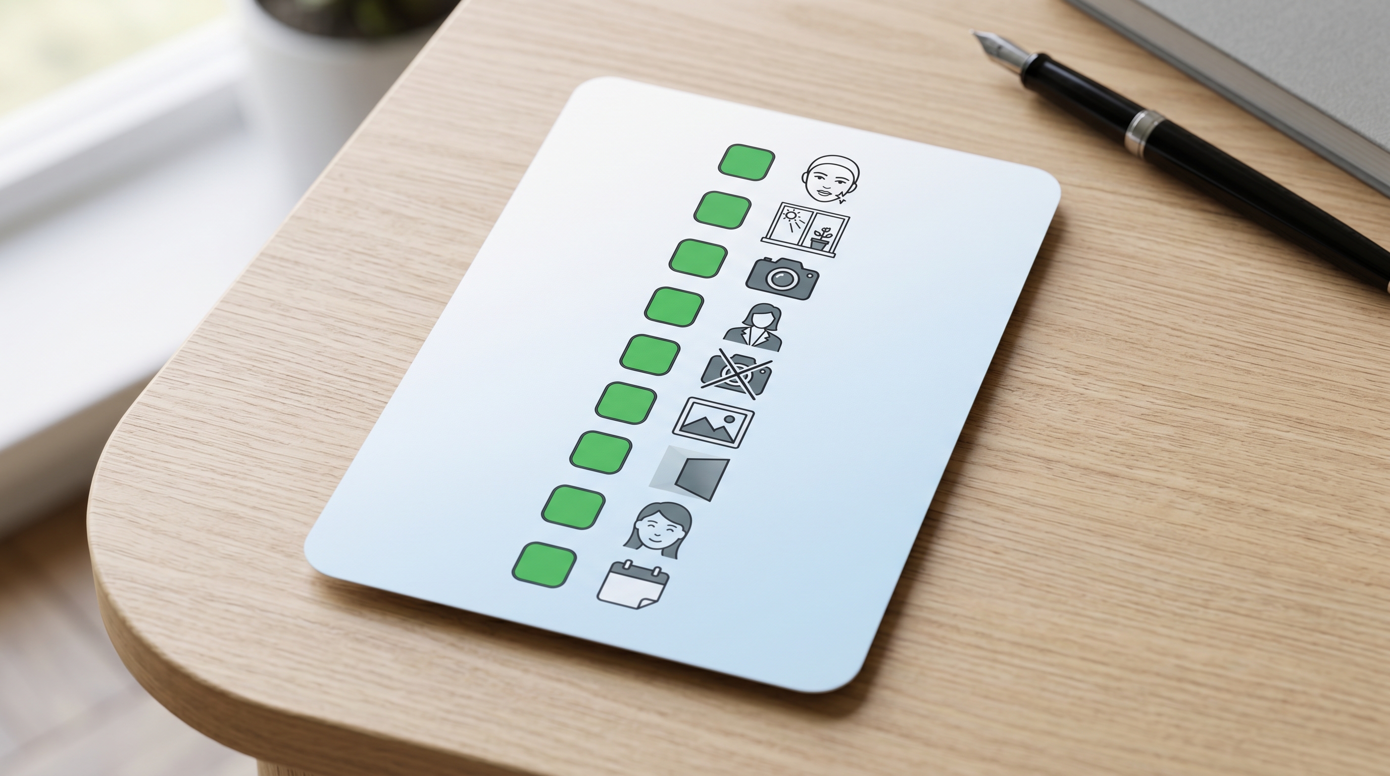 Visual checklist card showing nine key criteria for choosing the perfect photo to upload to an AI headshot generator, with icons for each guideline