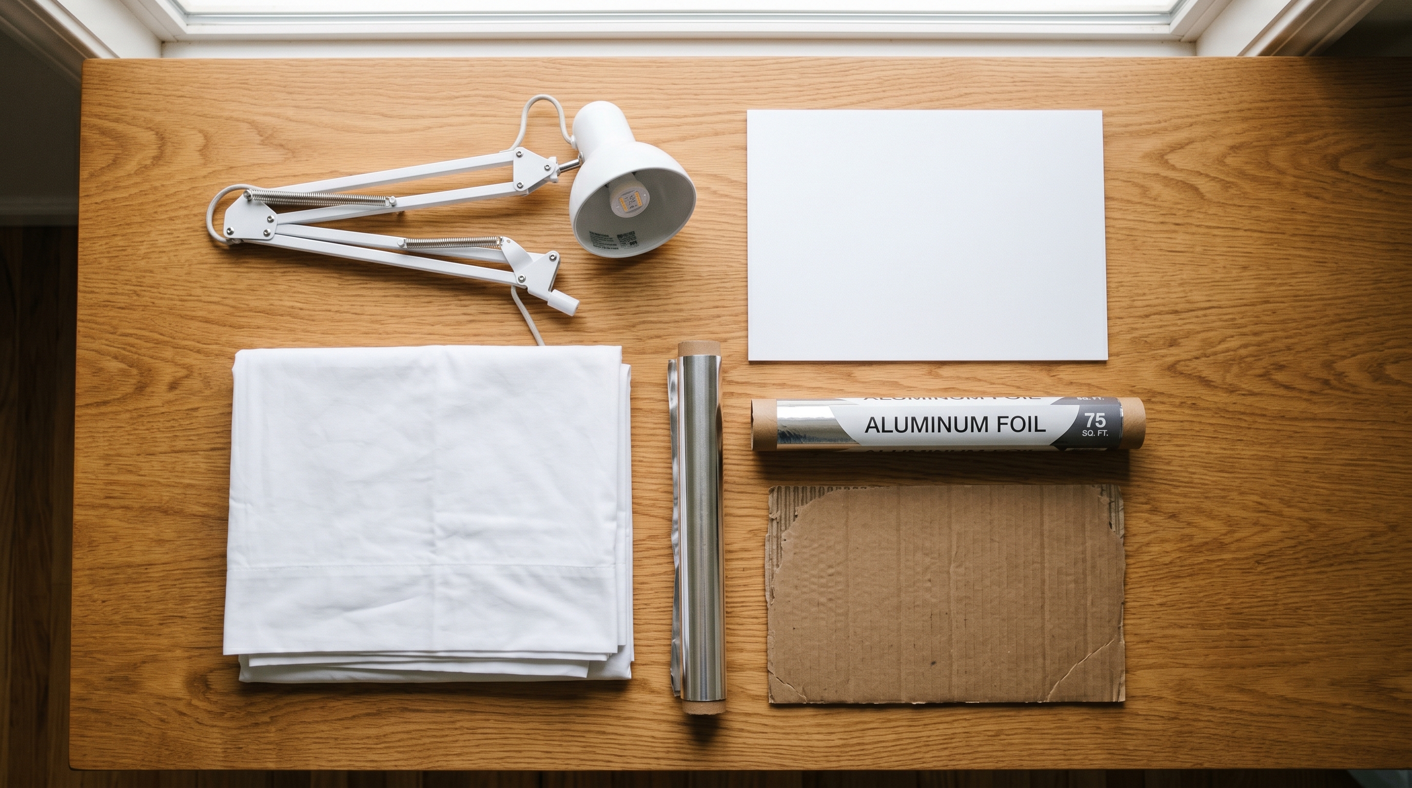 Household items for DIY portrait lighting laid out on a table: desk lamp, white bedsheet, posterboard, aluminum foil, and cardboard