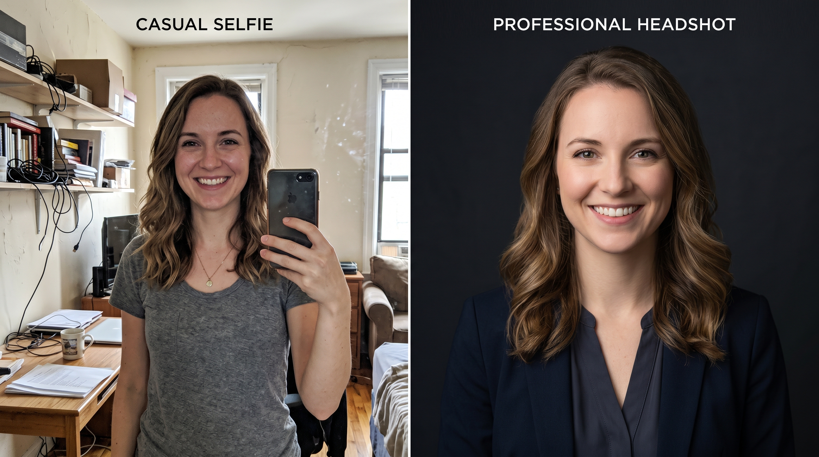 Side-by-side comparison showing a cluttered background selfie versus a portrait with clean background separation technique
