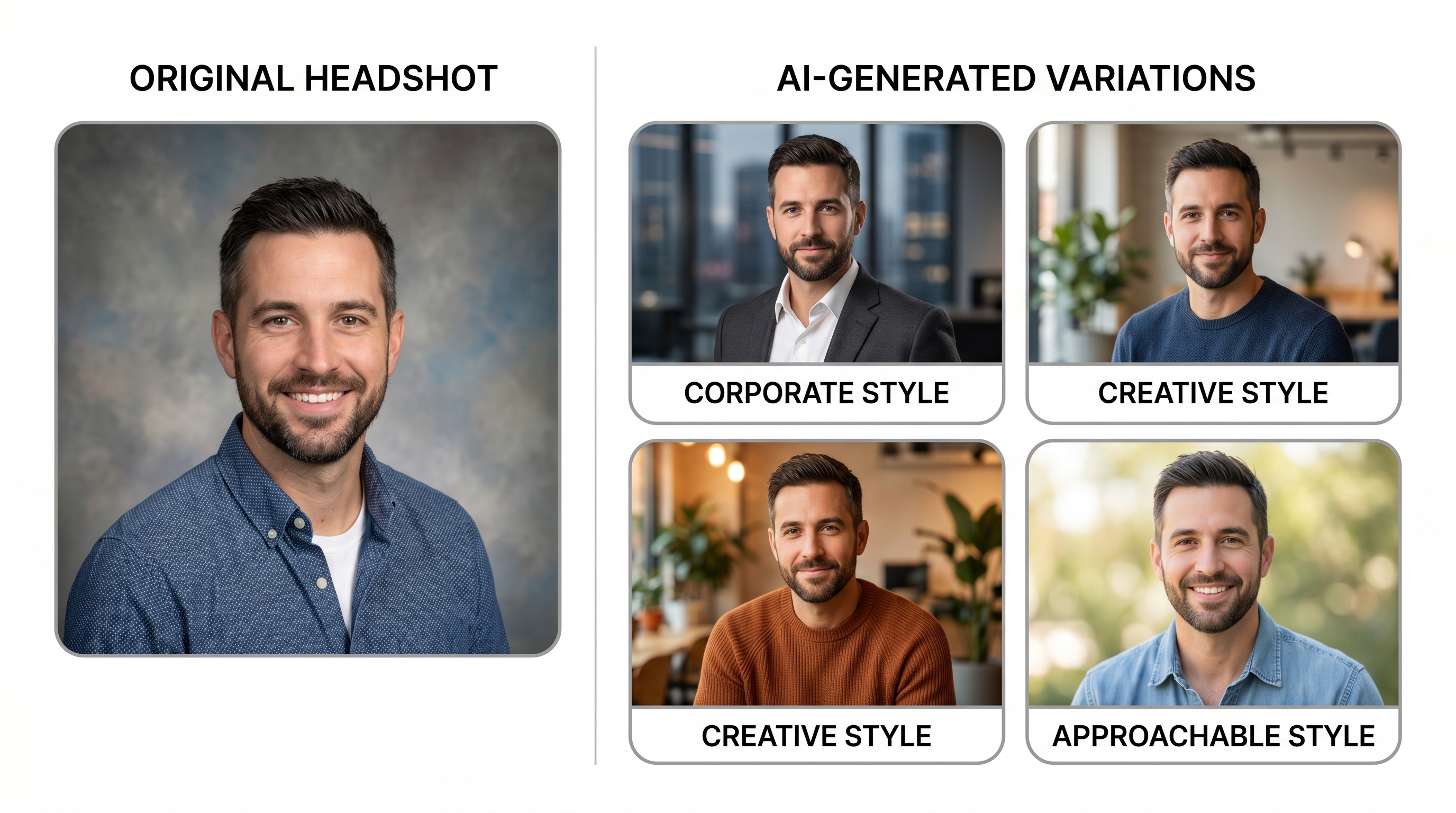 Side-by-side comparison of an original studio headshot alongside three AI-generated headshot variations in corporate, creative, and approachable styles
