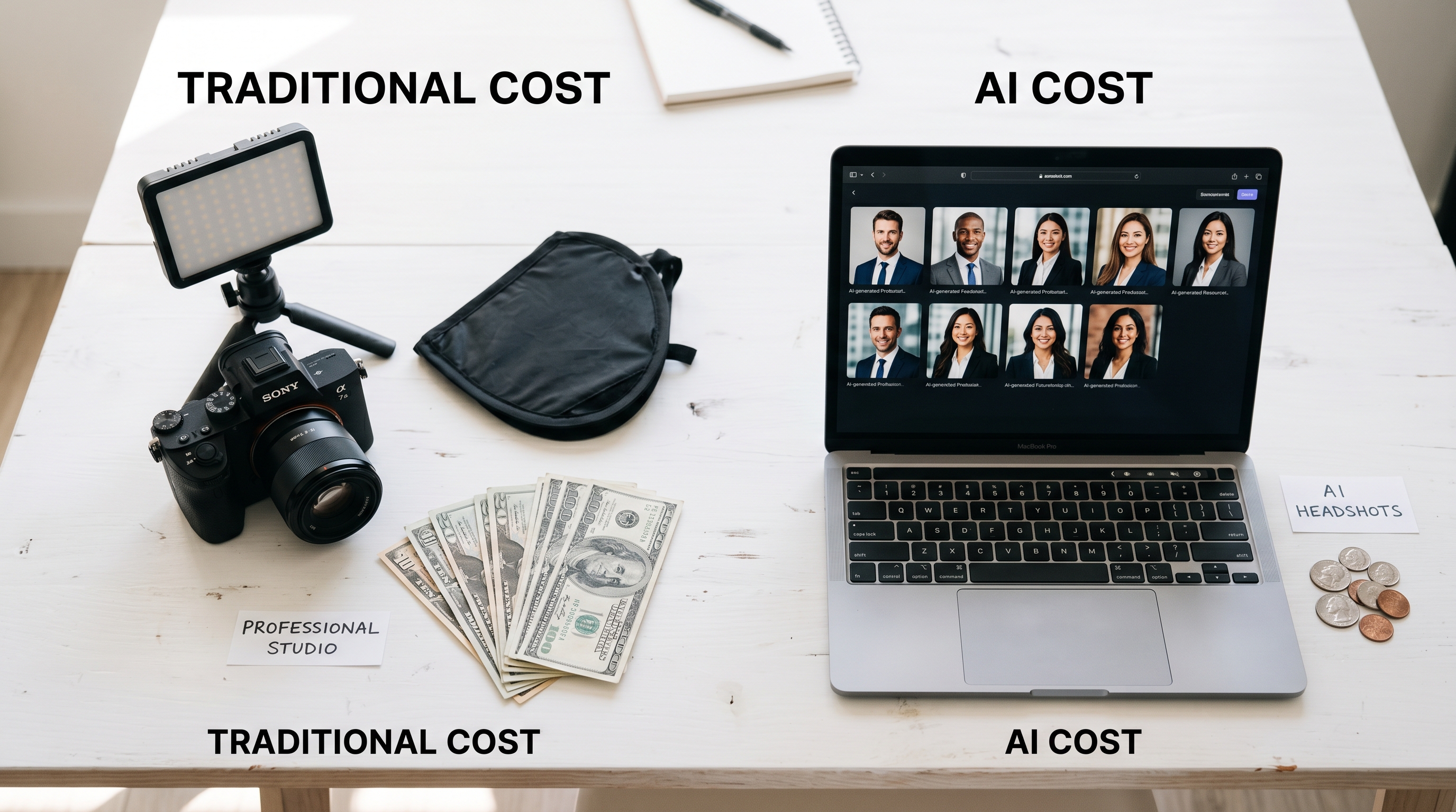 Visual cost comparison between traditional photography equipment and expenses versus AI headshot generation on a laptop