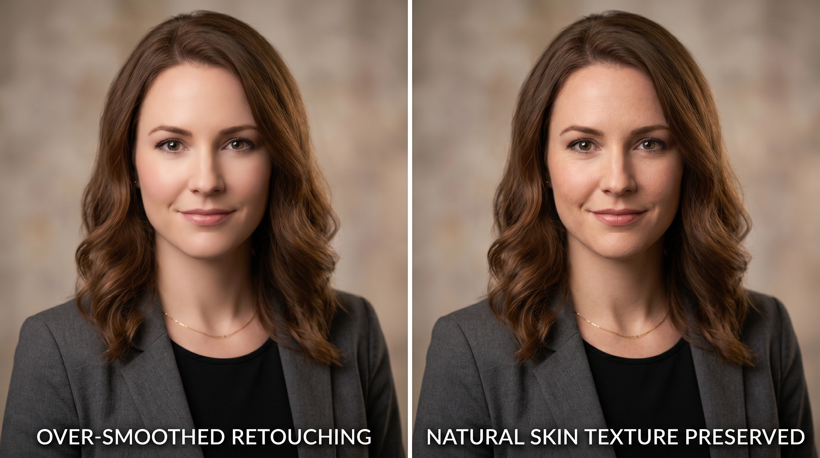 Side-by-side comparison of the same portrait showing over-smoothed frequency separation retouching on the left versus natural dodge-and-burn retouching on the right, demonstrating the difference in skin texture preservation