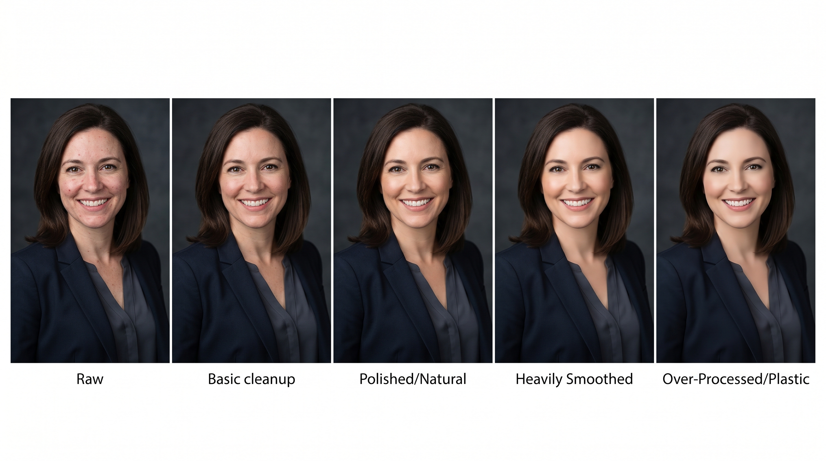 Five versions of the same corporate headshot showing progressive retouching levels from raw unedited to over-processed, illustrating the spectrum from natural to artificial skin editing