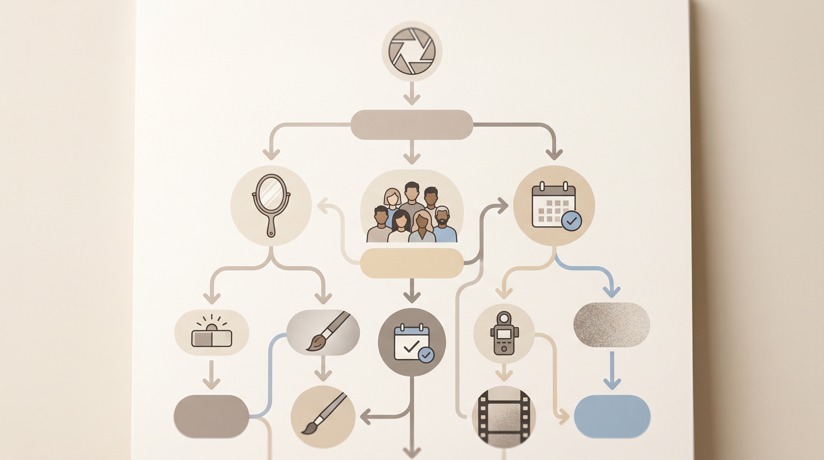 Visual flowchart illustration depicting a retouching decision framework with branching paths representing the Mirror Test, Colleague Test, and Five-Year Test checkpoints