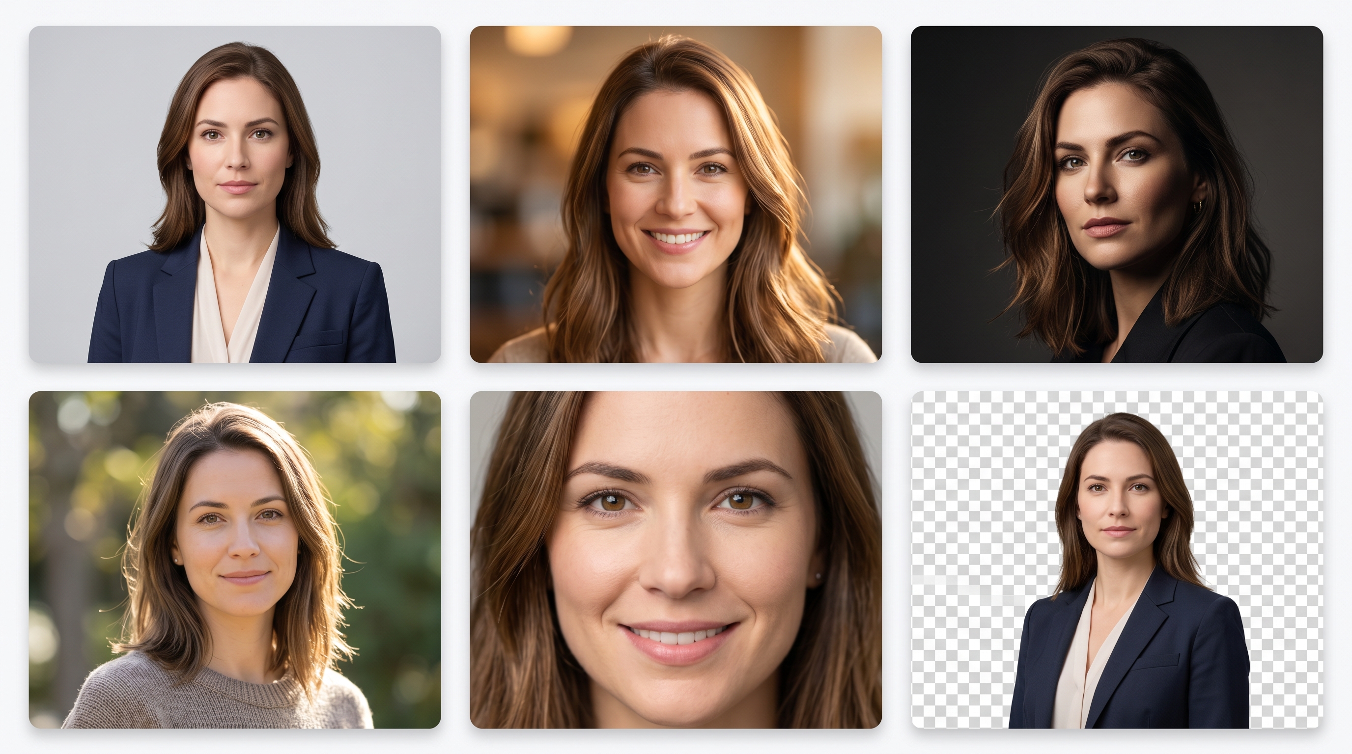 Grid of six headshot variations from a single person showing different styles: corporate, approachable, editorial, casual, icon-size crop, and transparent background, each suited to different professional contexts
