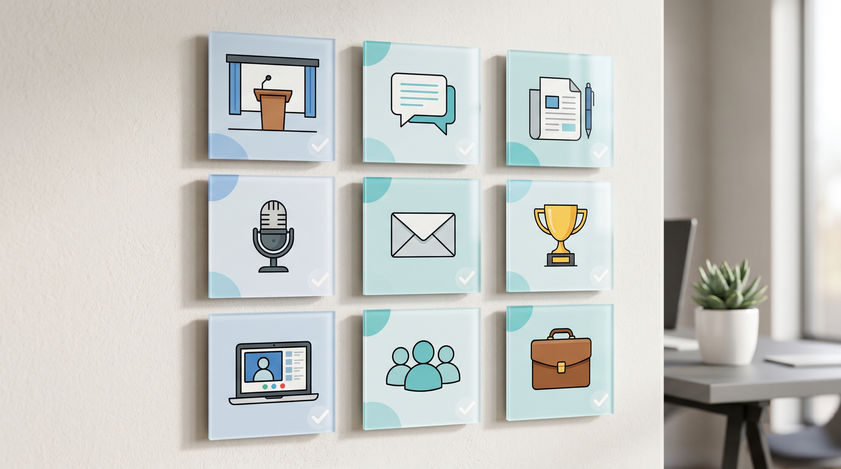 Visual checklist grid showing nine professional contexts where headshots appear, represented by simple icons including a podium, microphone, laptop, chat bubble, envelope, team group, document, trophy, and briefcase