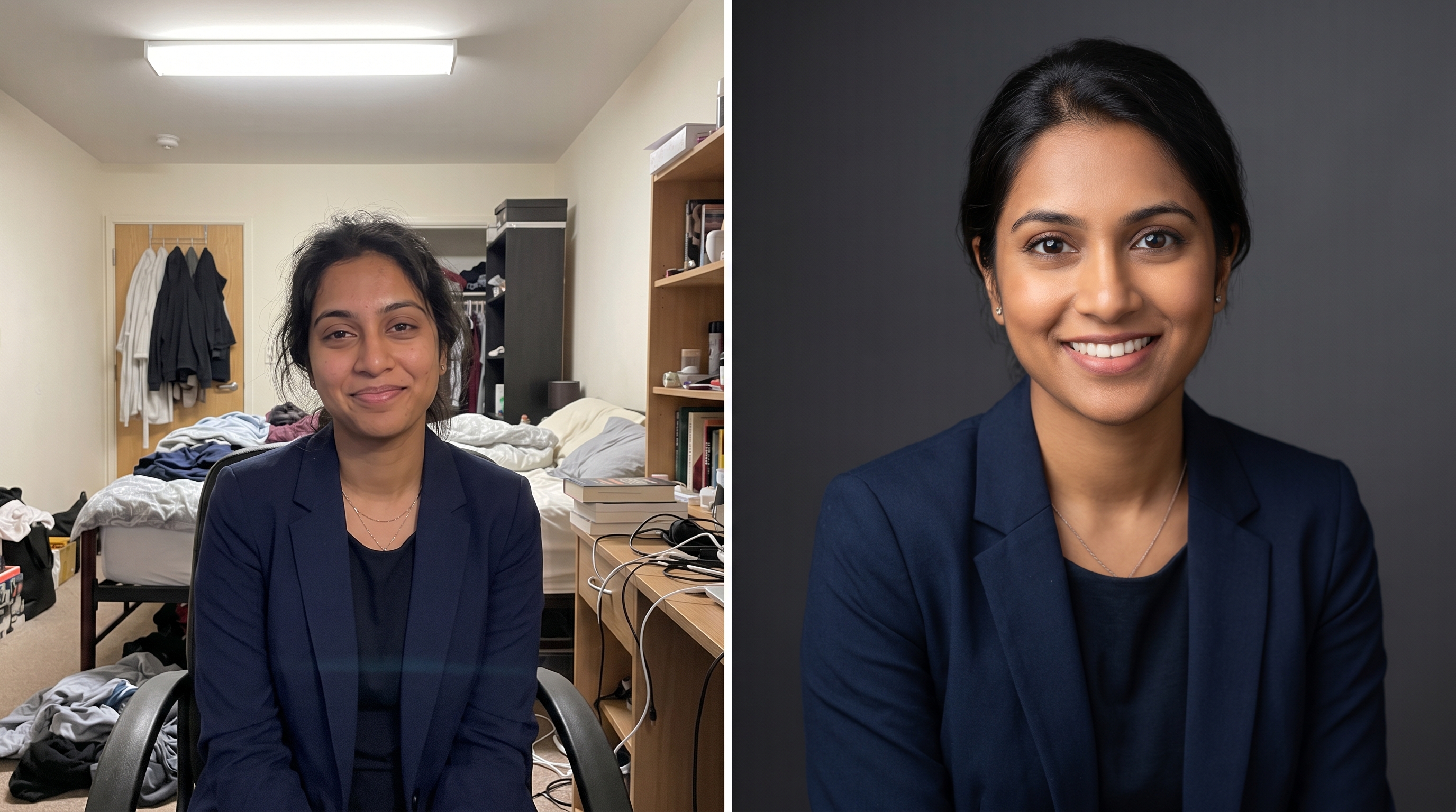 Side-by-side comparison showing the dramatic difference between a casual smartphone selfie taken in a bedroom and a polished AI-generated professional headshot of the same person, illustrating the production quality gap