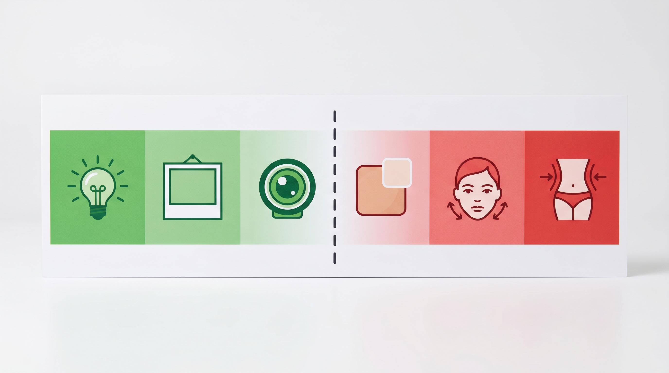 Infographic showing the spectrum from production enhancement like lighting and background improvements to appearance alteration like skin tone and facial feature changes, with a clear ethical boundary line between the two categories