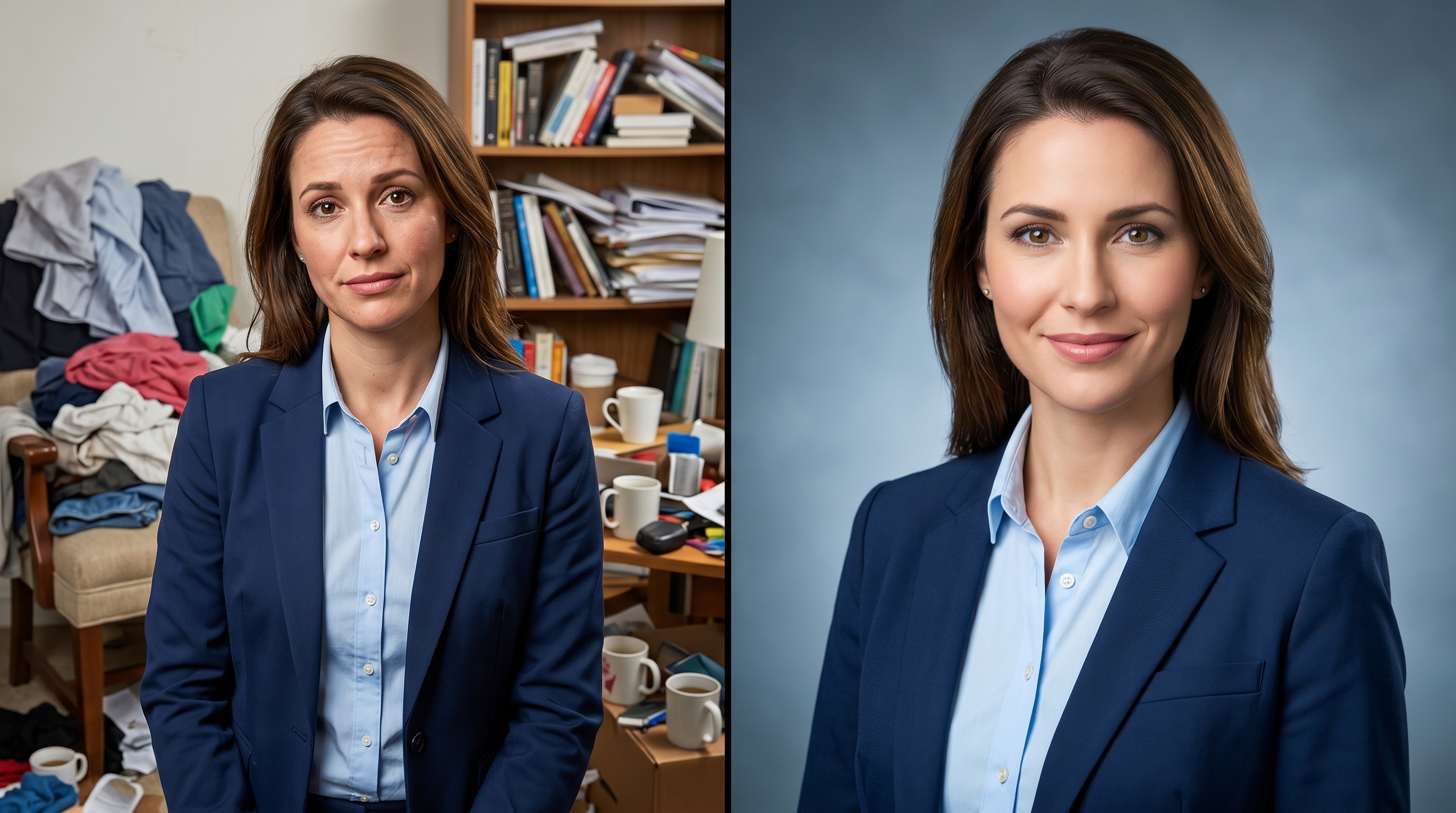 Side-by-side comparison showing a professional headshot with a cluttered home background versus one with a clean, professional studio background