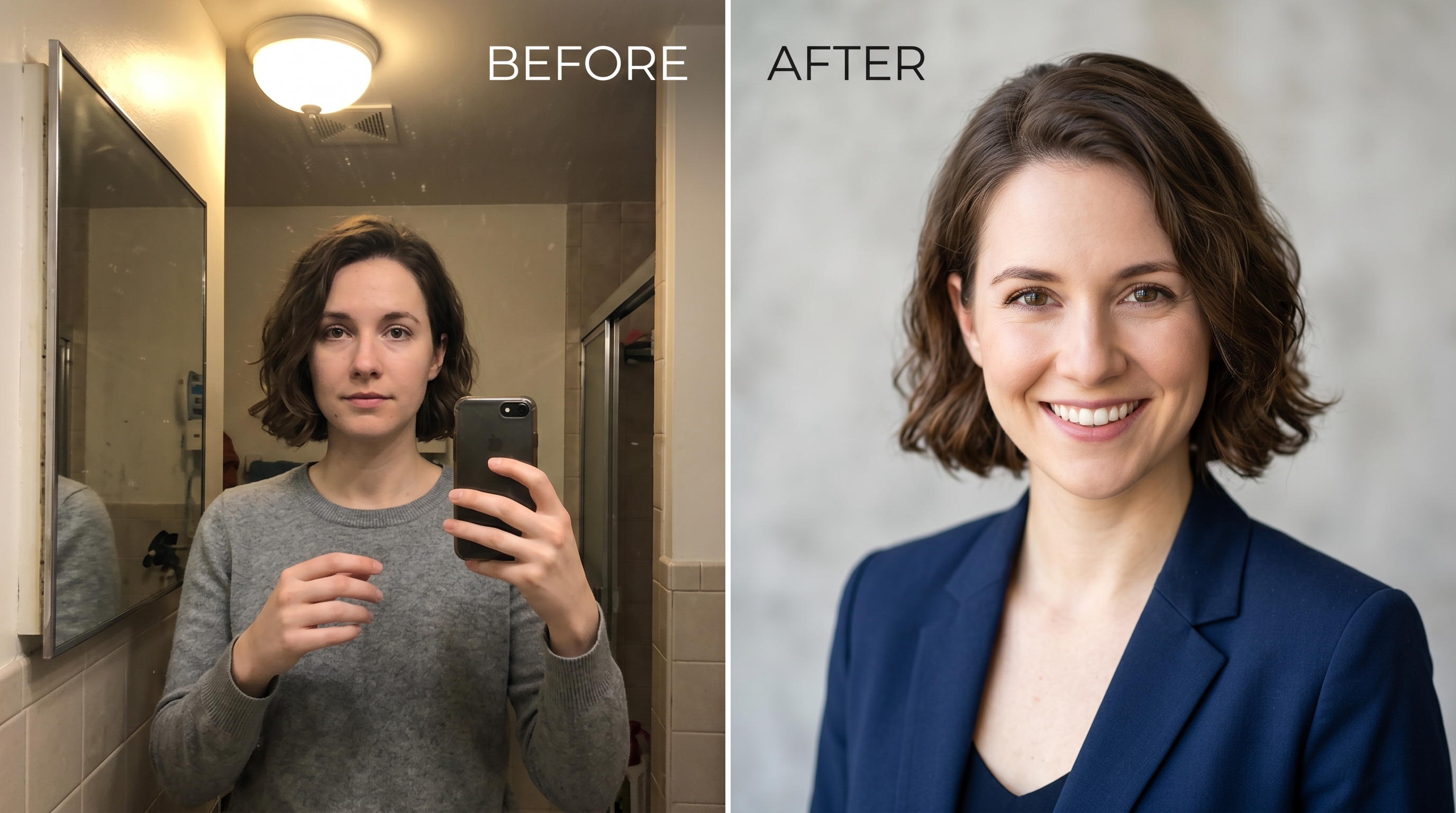 Before-and-after comparison showing a poor quality bathroom selfie transformed into a polished, professional LinkedIn headshot