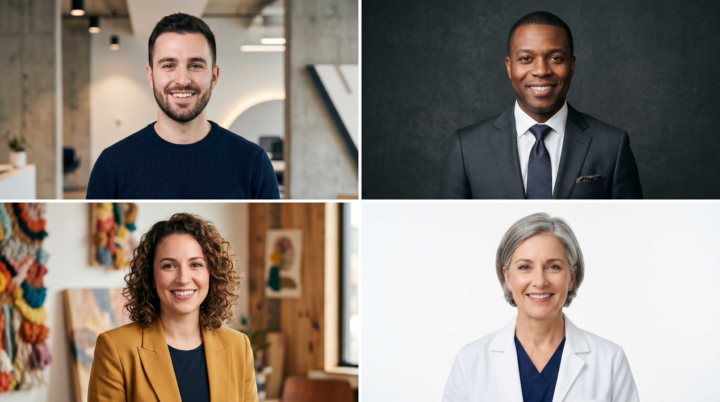Grid of four professional headshots showing appropriate styles for tech, finance, creative, and healthcare industries