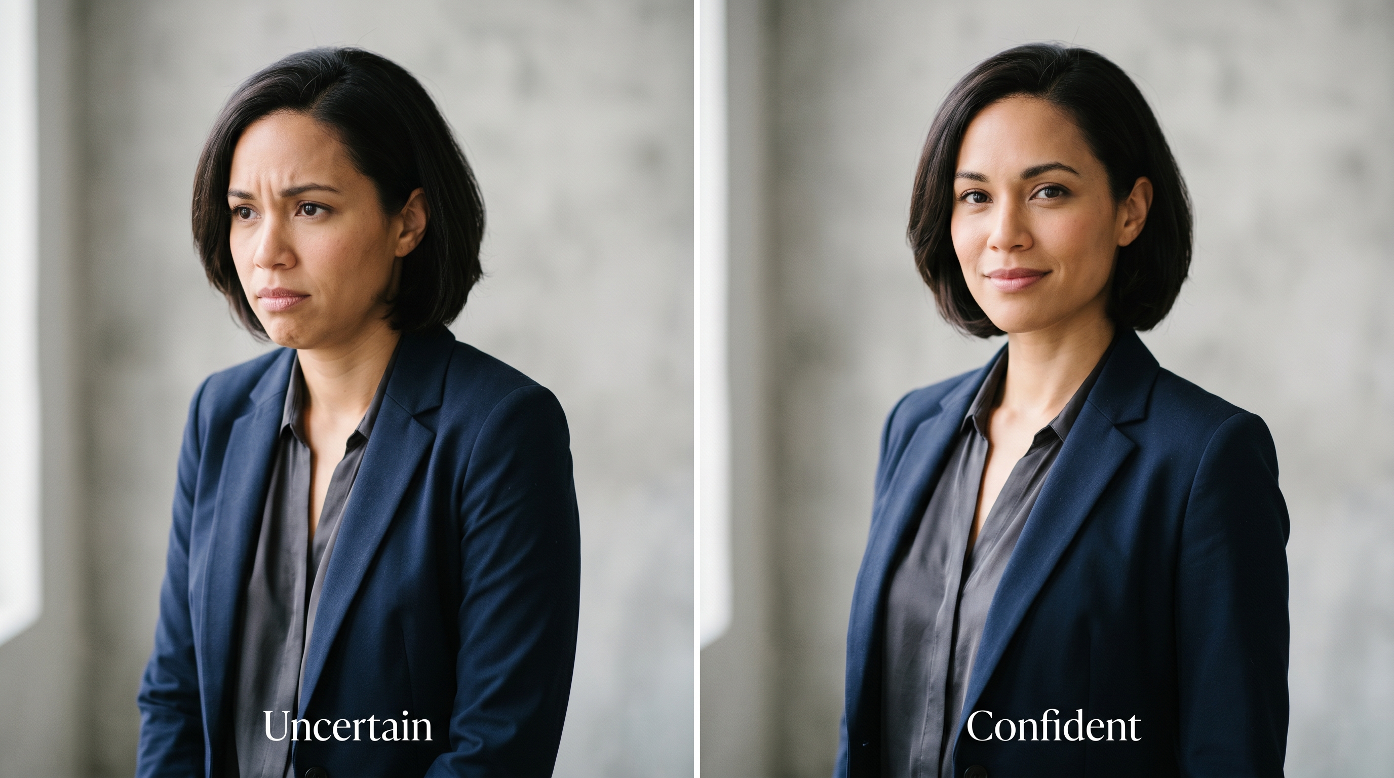 Side-by-side comparison showing the difference between slouched posture with tucked chin versus the confidence triangle applied with jaw extended, shoulders back, and spine aligned