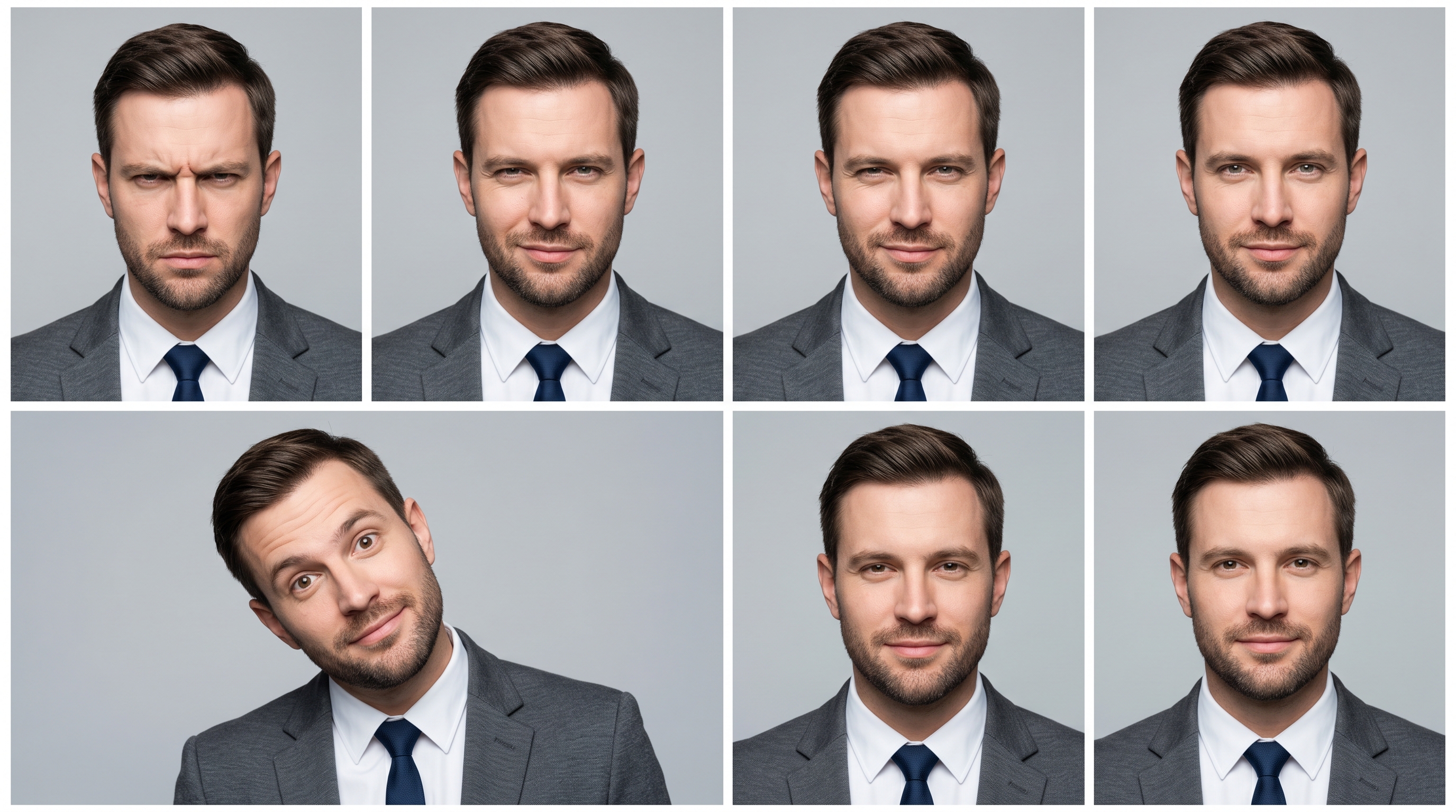 Grid showing common posing mistakes including over-squinting and excessive head tilt alongside their corrected versions demonstrating proper technique