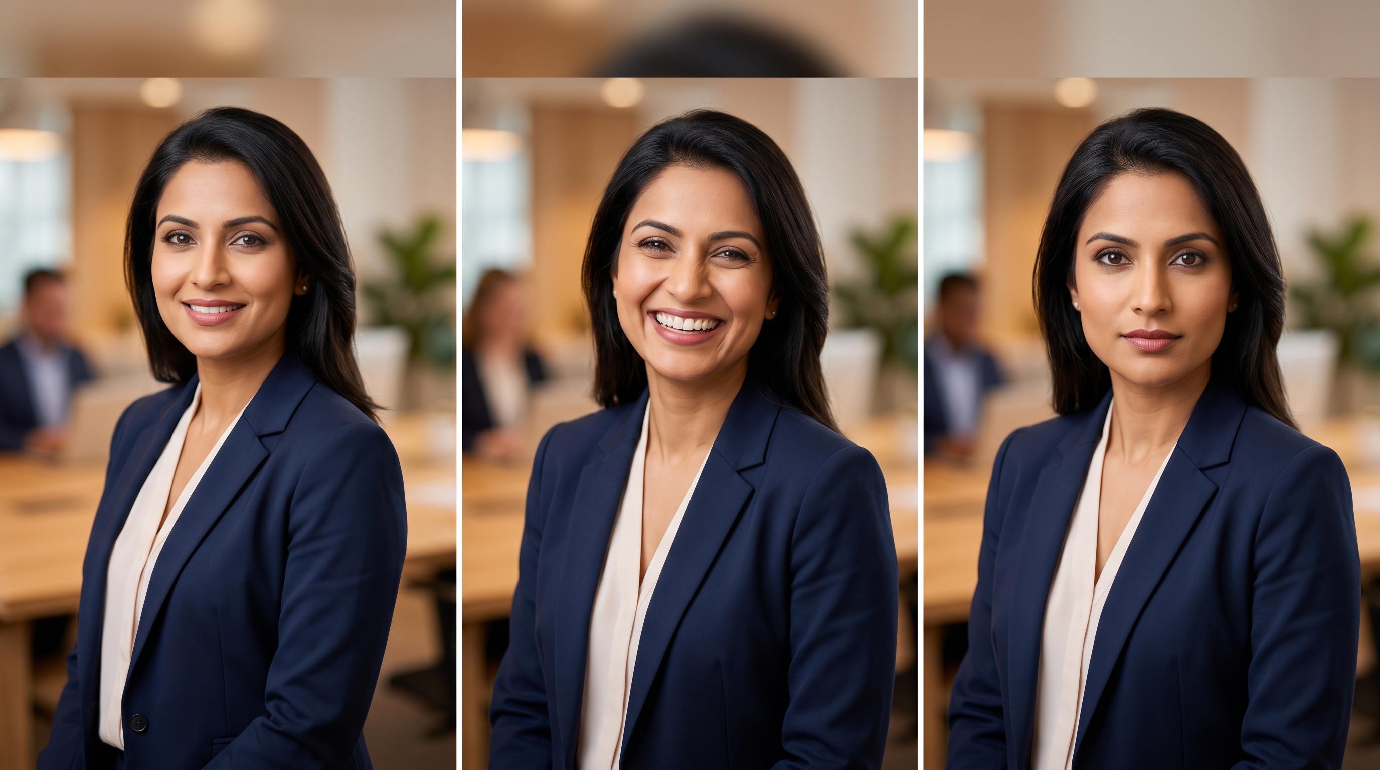 Three headshots of the same marketing professional showing how small posing changes create different messages: competent leader, approachable teammate, and authoritative speaker