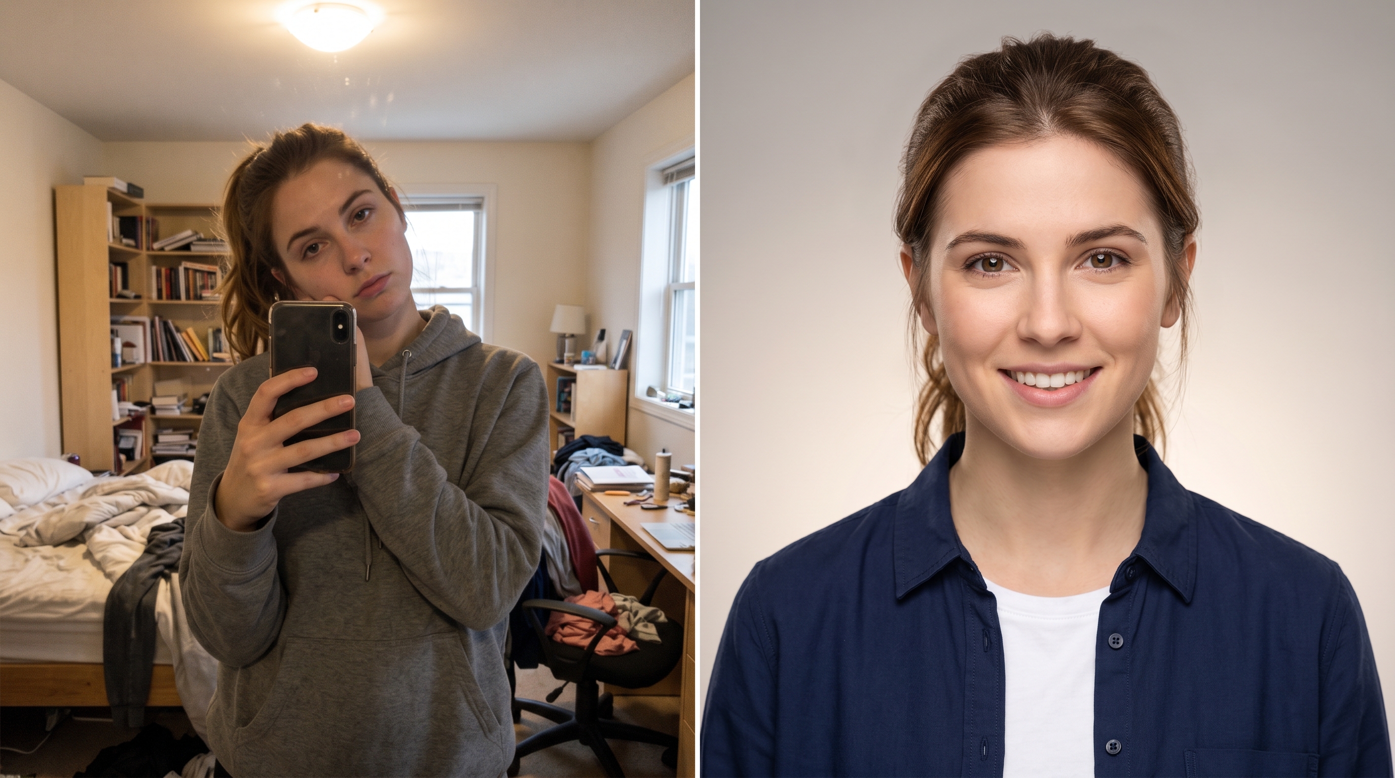 Side-by-side comparison of a casual selfie versus a polished AI-generated professional headshot, demonstrating the dramatic improvement in quality and professionalism