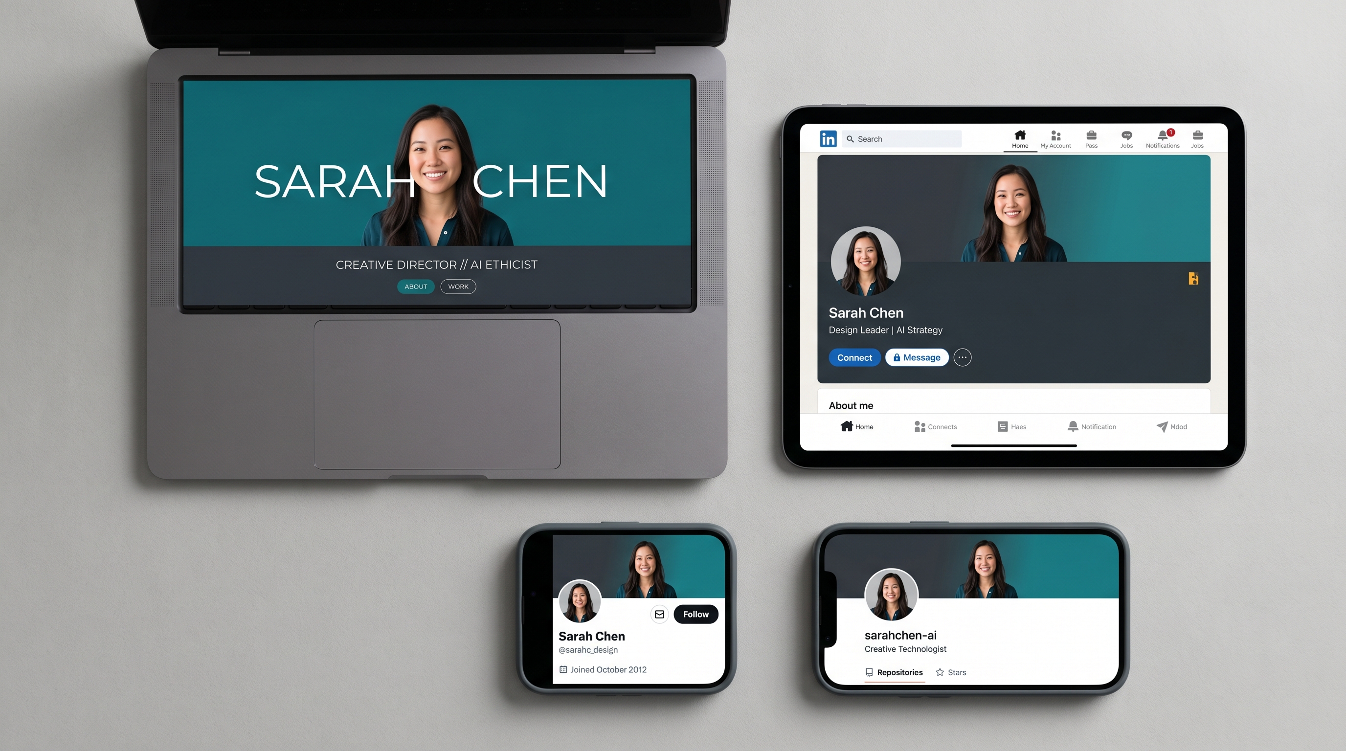 Four platform screens showing the same cohesive brand identity applied across LinkedIn, Twitter, GitHub, and a personal website with matching colors and typography