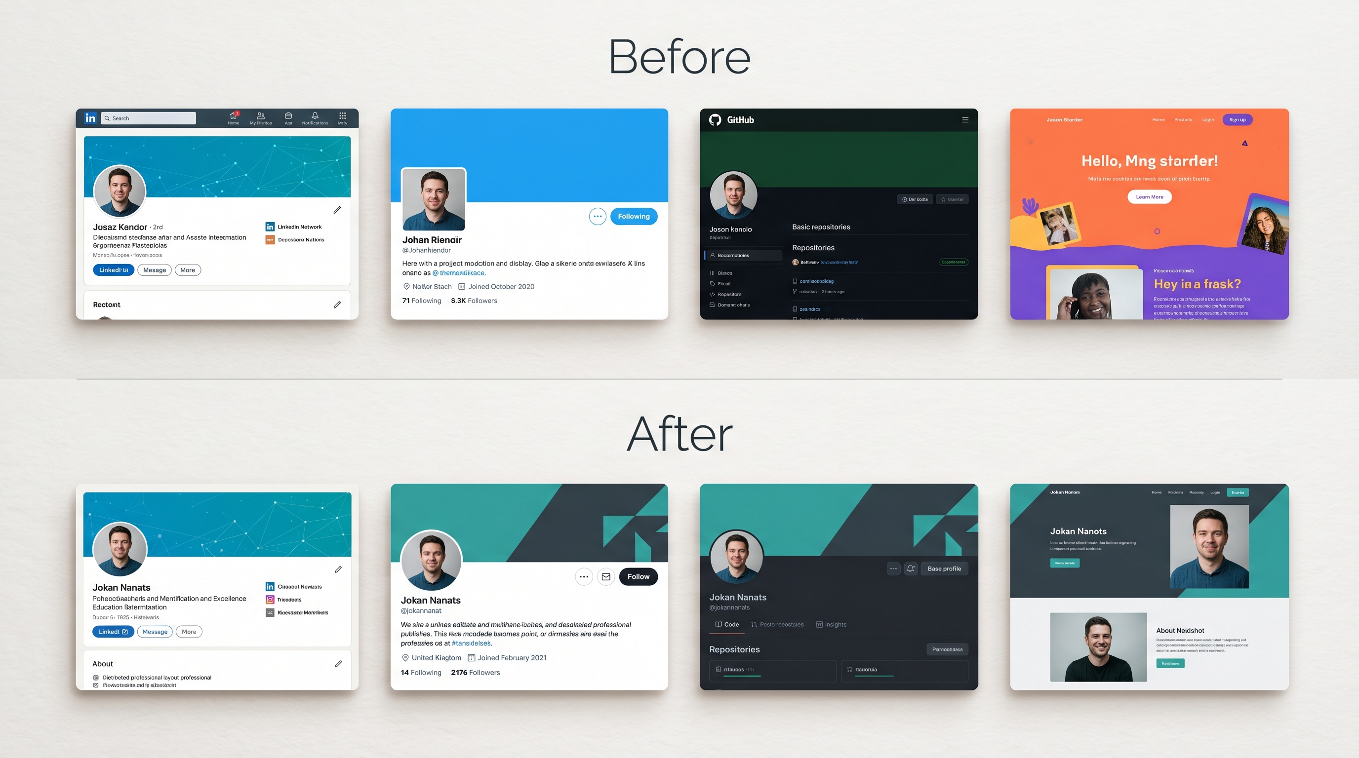 Before and after comparison of four social platform profiles, showing the transformation from disjointed and inconsistent branding to a cohesive, professional visual identity