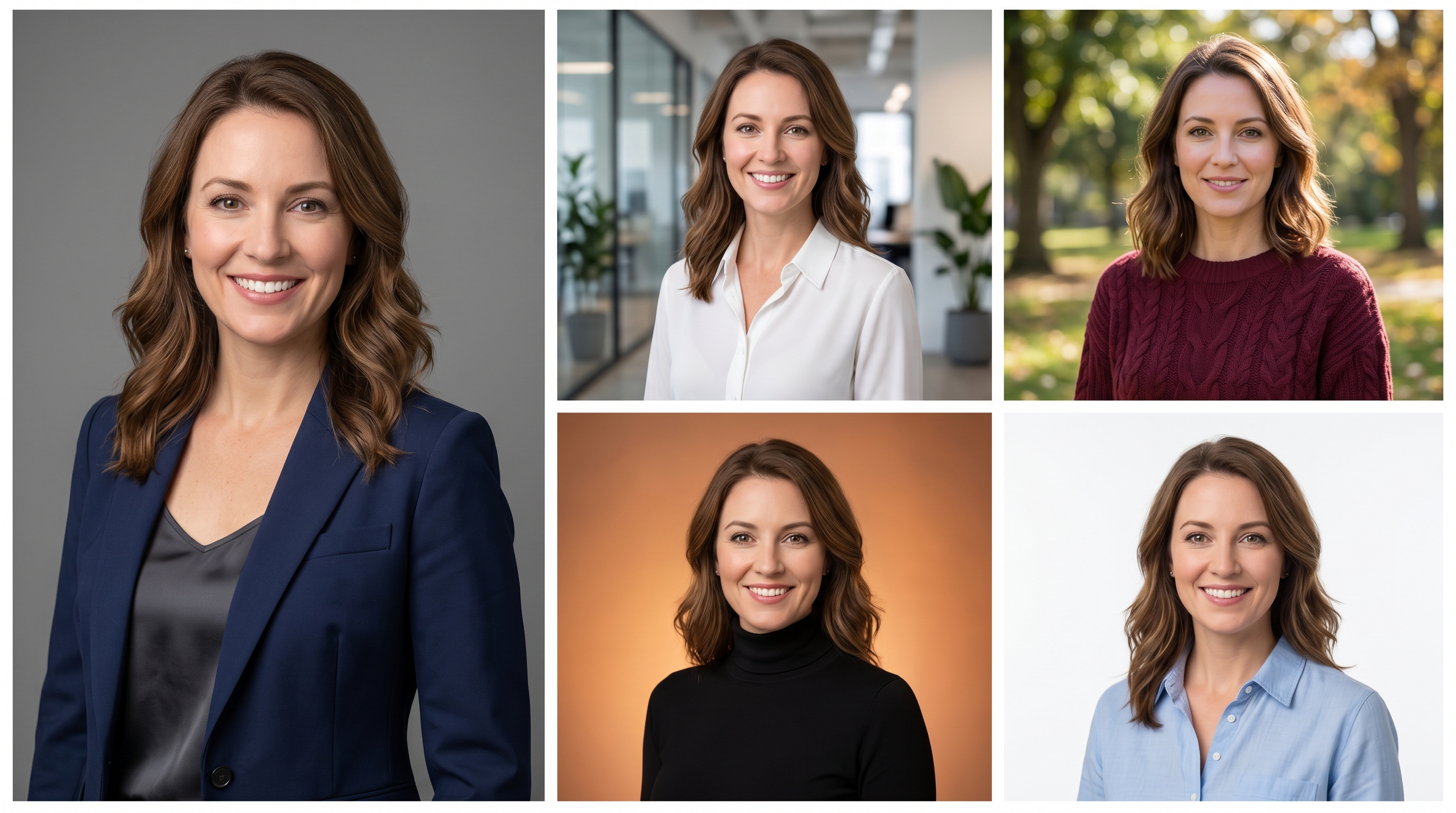 One original studio headshot alongside four AI-generated variations showing different outfits and backgrounds, demonstrating how a single photo session can produce five distinct professional looks.