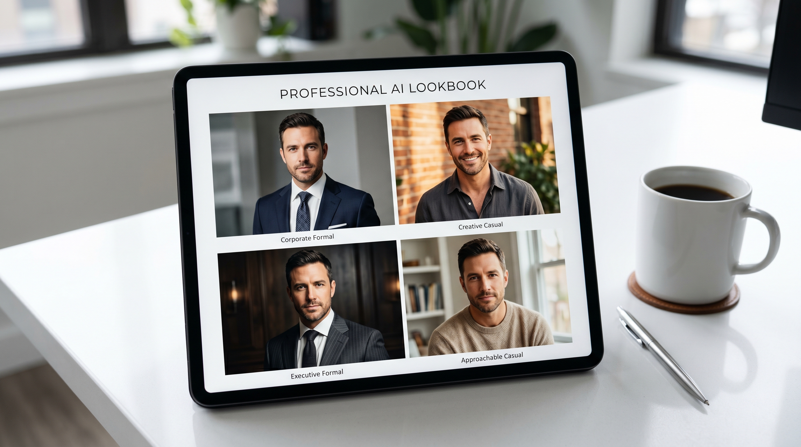 A Style Preview lookbook displayed on a tablet showing four AI-generated headshot directions for a client, demonstrating how photographers can align with clients on visual direction before the actual photo session.