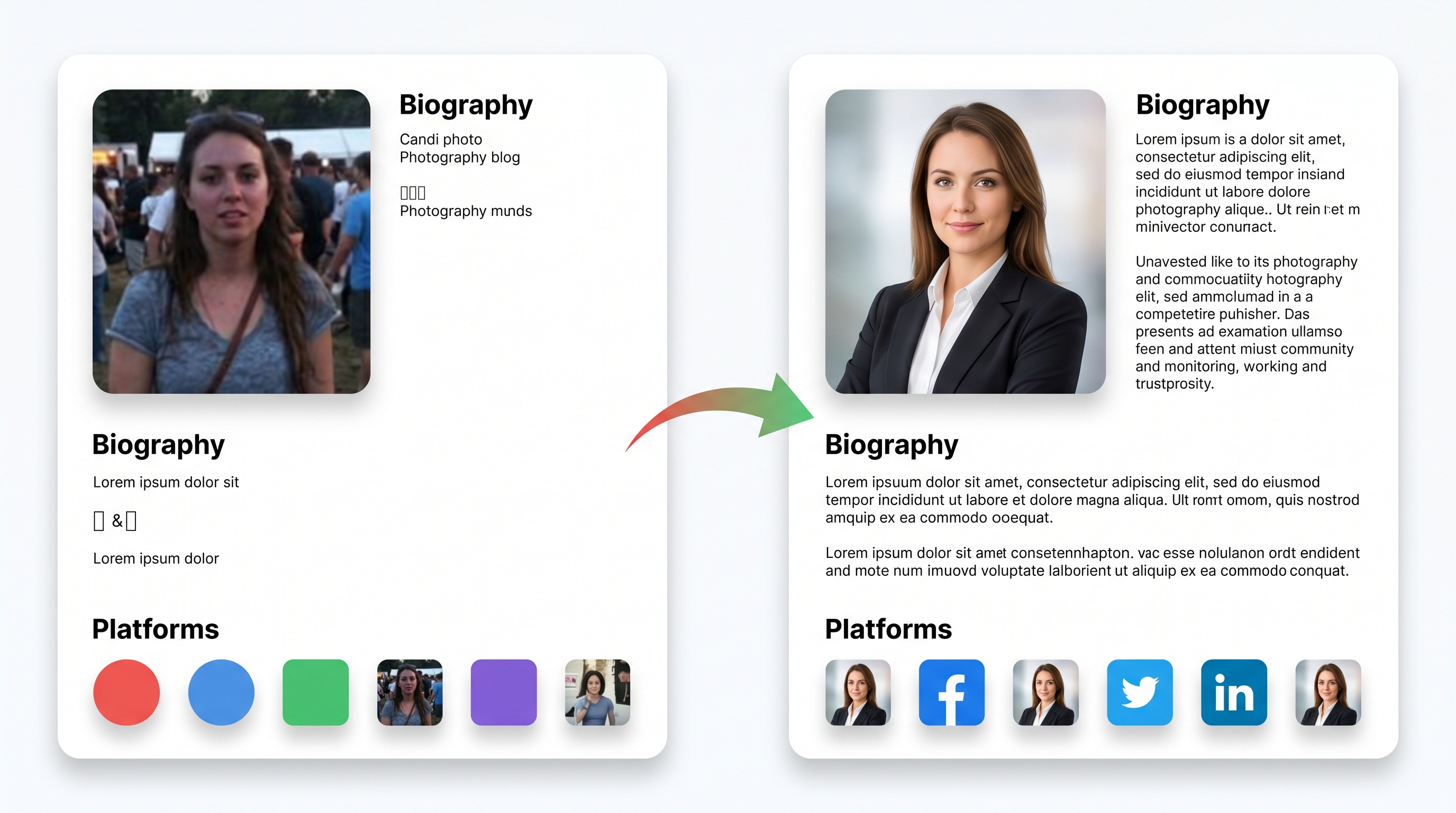 Side-by-side comparison showing an outdated, inconsistent digital presence on the left versus a polished, cohesive professional presence on the right, illustrating the concept of digital presence debt