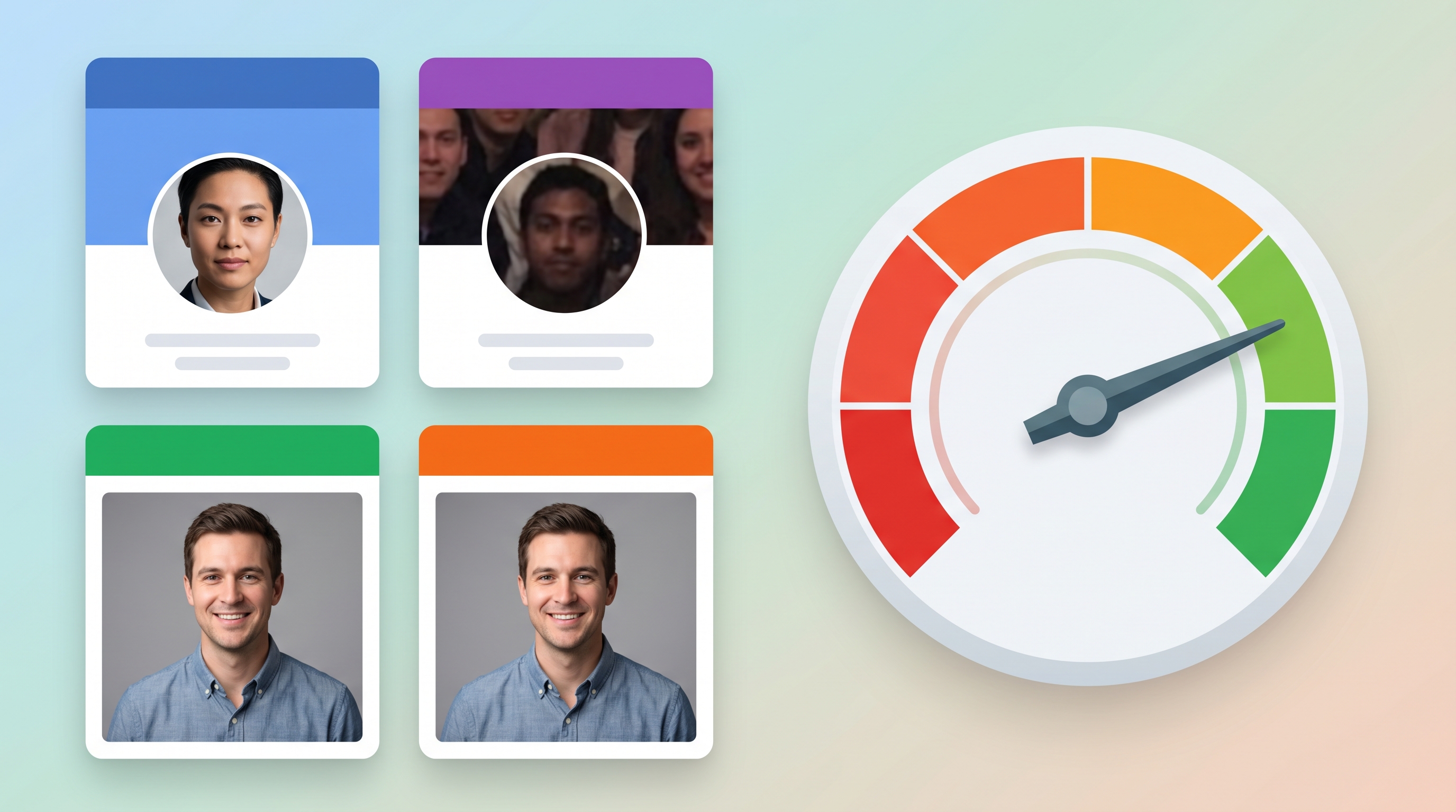 Visual consistency scorecard showing a freelance designer's profile photos across four platforms, before with mismatched and missing photos versus after with a single consistent professional headshot, with a visual score gauge improving dramatically