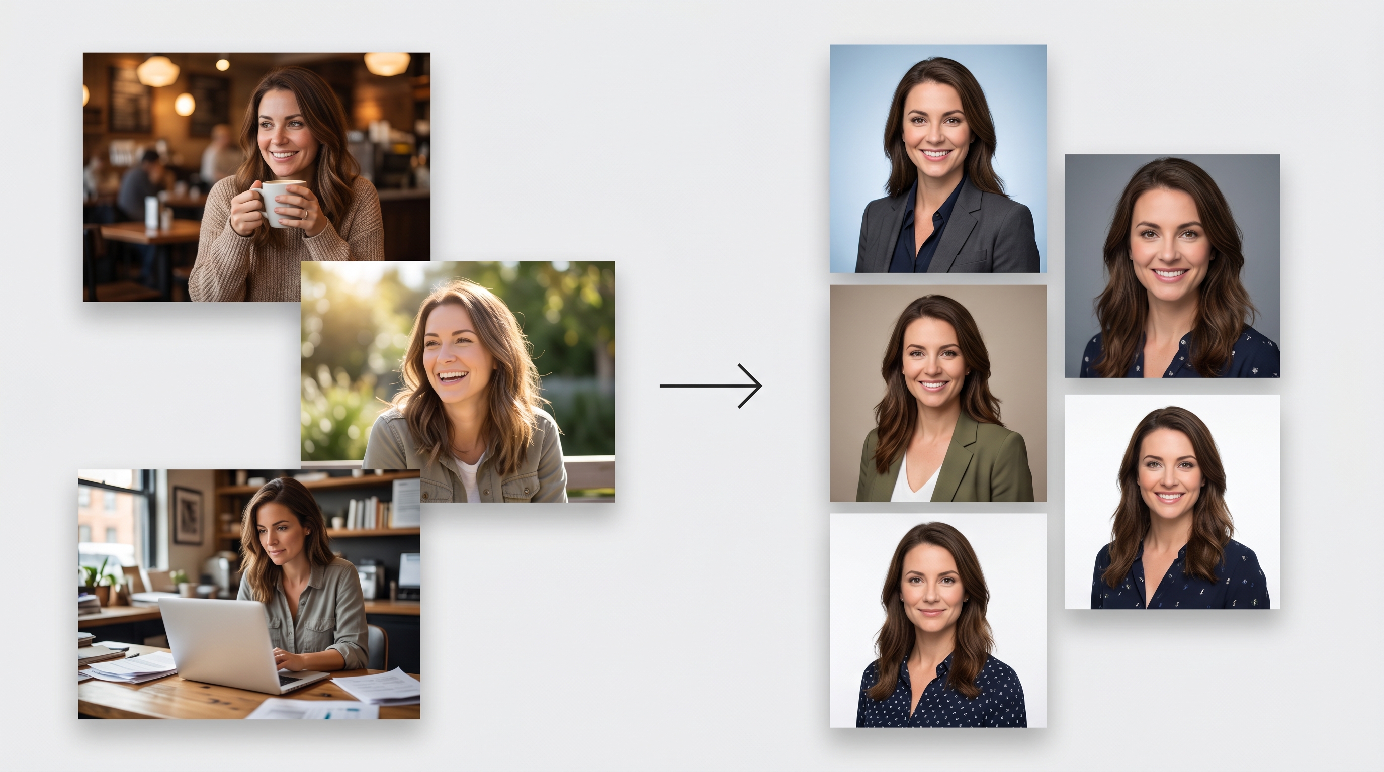 Before-and-after showing casual everyday photos transformed into three professional AI-generated headshot variants in corporate, creative, and approachable styles