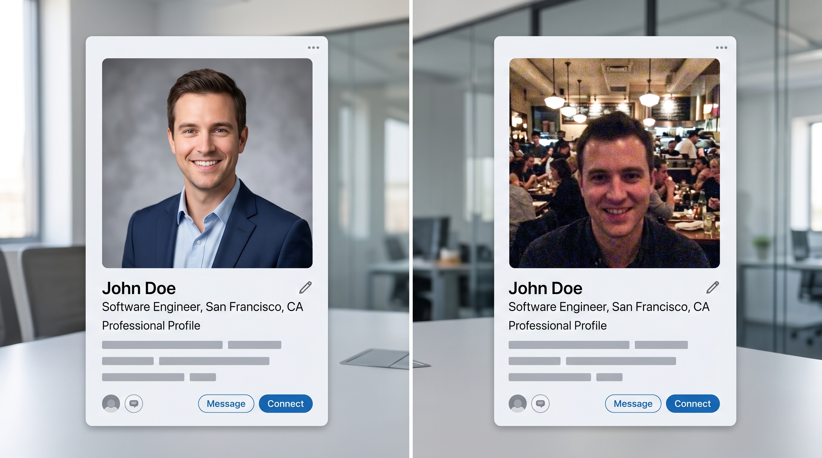 Split-screen comparison of two LinkedIn-style profile cards showing the visual difference between a professional headshot and a casual, poorly lit photo with identical credentials