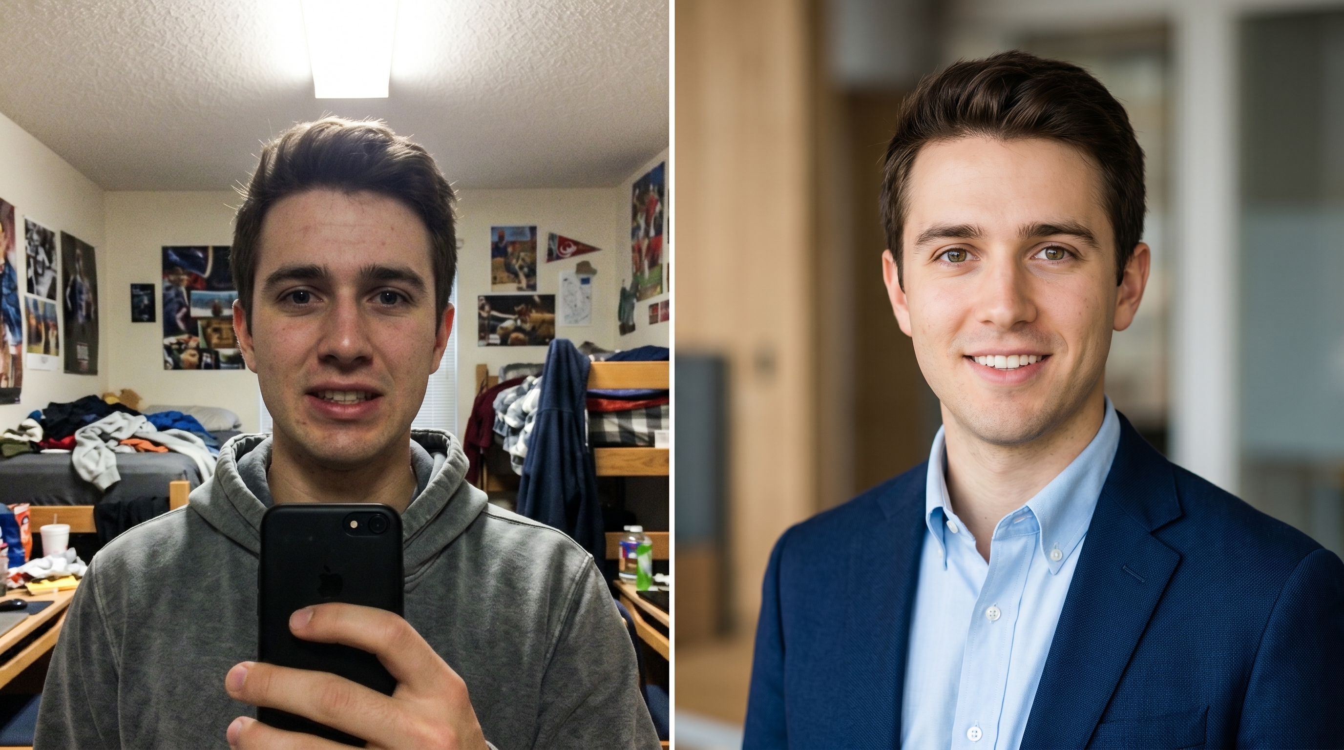 Before and after comparison showing the transformation from a casual selfie with poor lighting and busy background to a polished professional headshot with clean background and balanced lighting