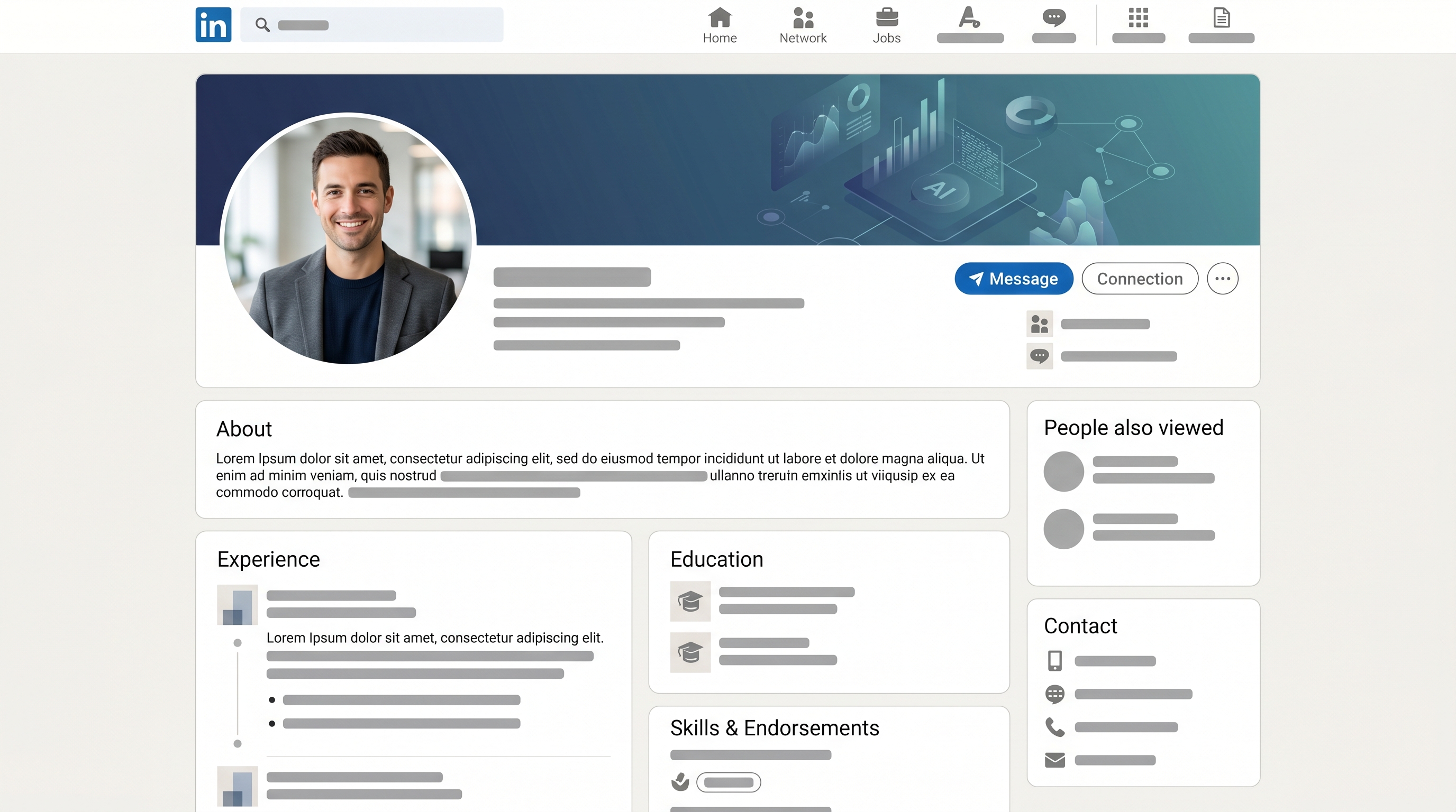 Mockup of an optimized LinkedIn profile showing how a professional headshot, branded banner image, and clean layout work together to create a cohesive first impression