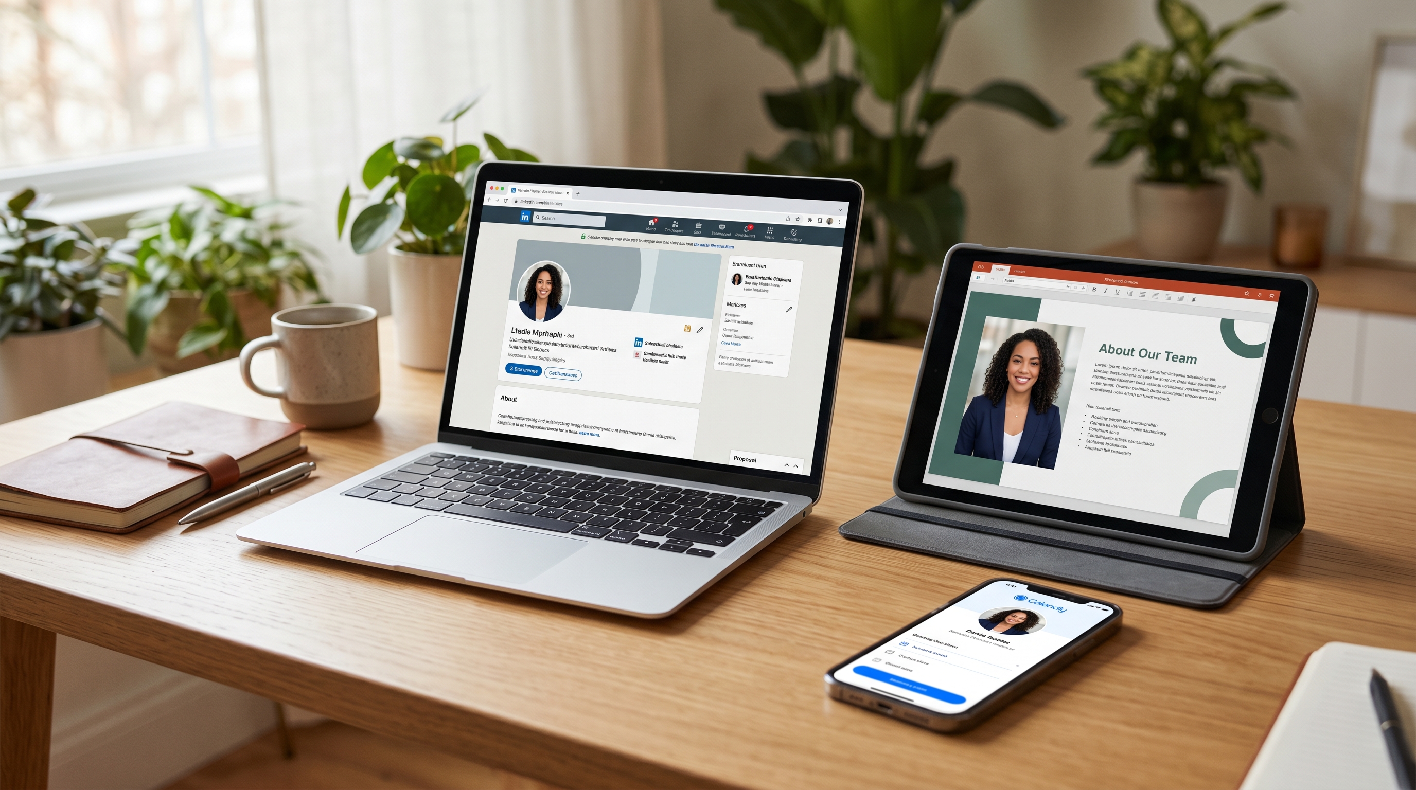 Three digital devices showing the same consultant's headshot across LinkedIn, a proposal deck, and a Calendly booking page, illustrating multi-surface visibility