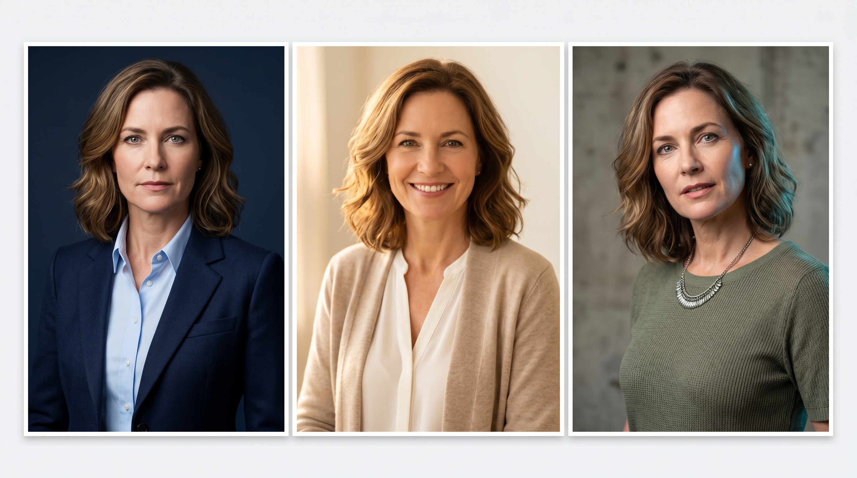Three-panel comparison showing the same person styled as a strategy consultant, coaching consultant, and creative brand strategist with different backgrounds, lighting, and expressions