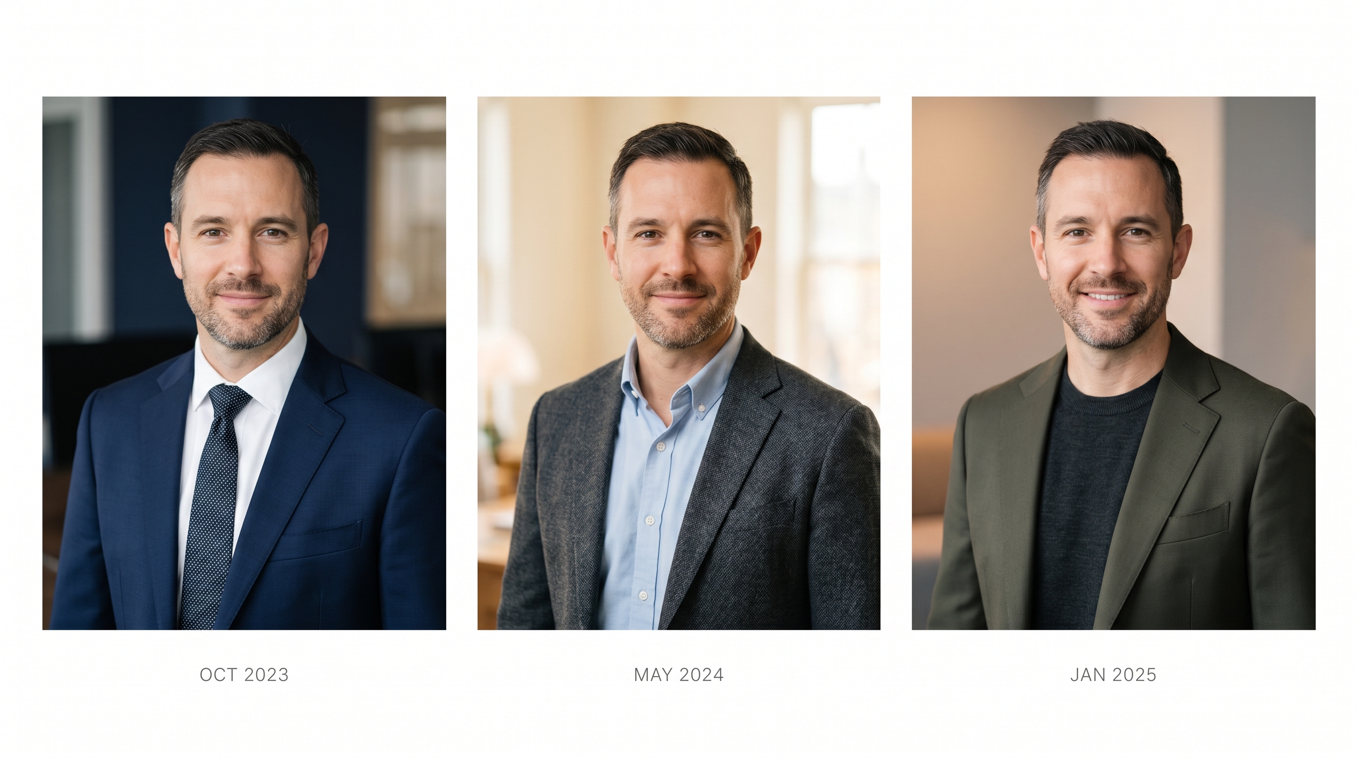 Timeline showing three seasonal headshot refreshes of the same consultant, each with evolving style and positioning to reflect brand growth over time