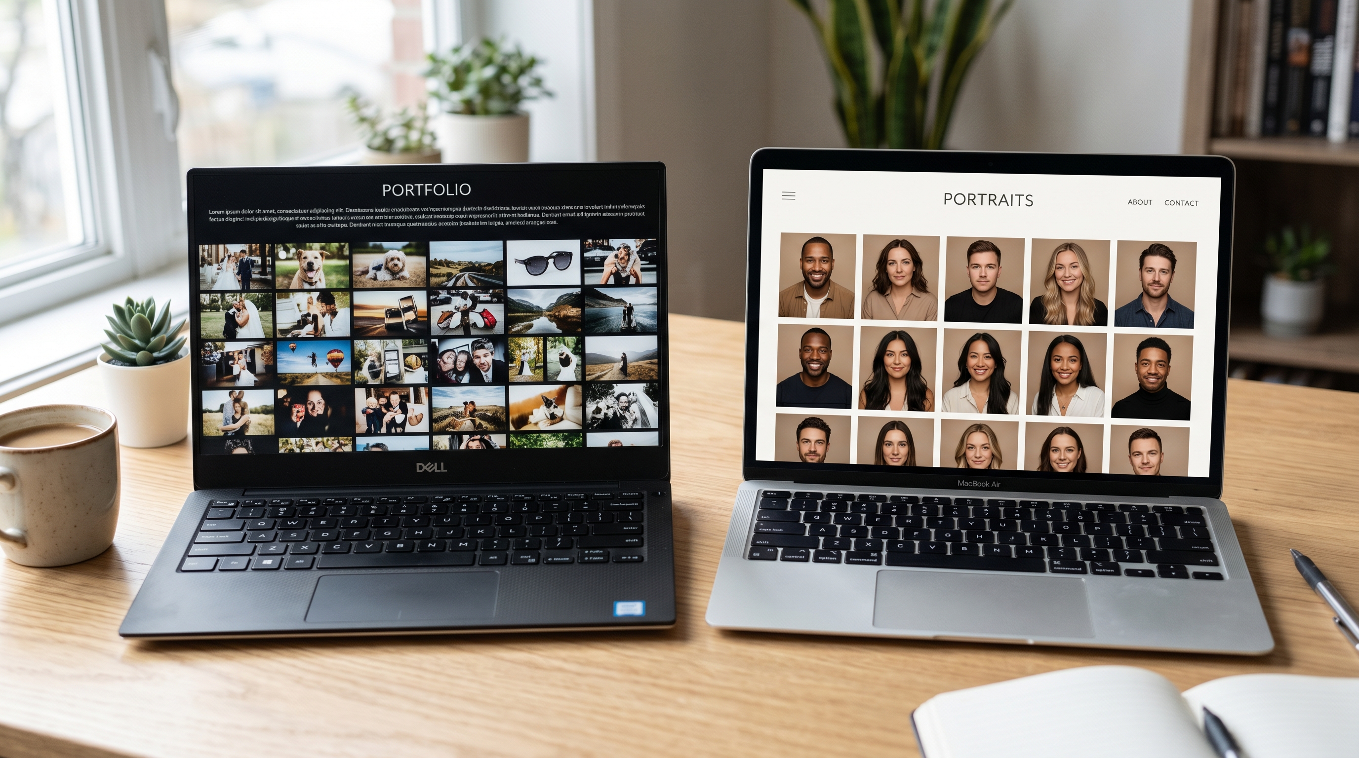 Side-by-side comparison of a cluttered 30-image mixed photography portfolio versus a clean, focused 12-image portrait portfolio showing the impact of curation and specialization
